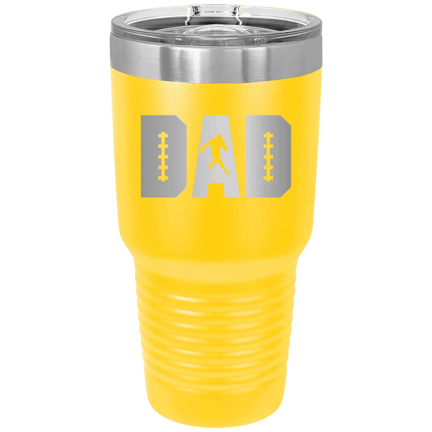 Laser etched yellow 30 oz vacuum insulated tumbler with 'Football Dad' design