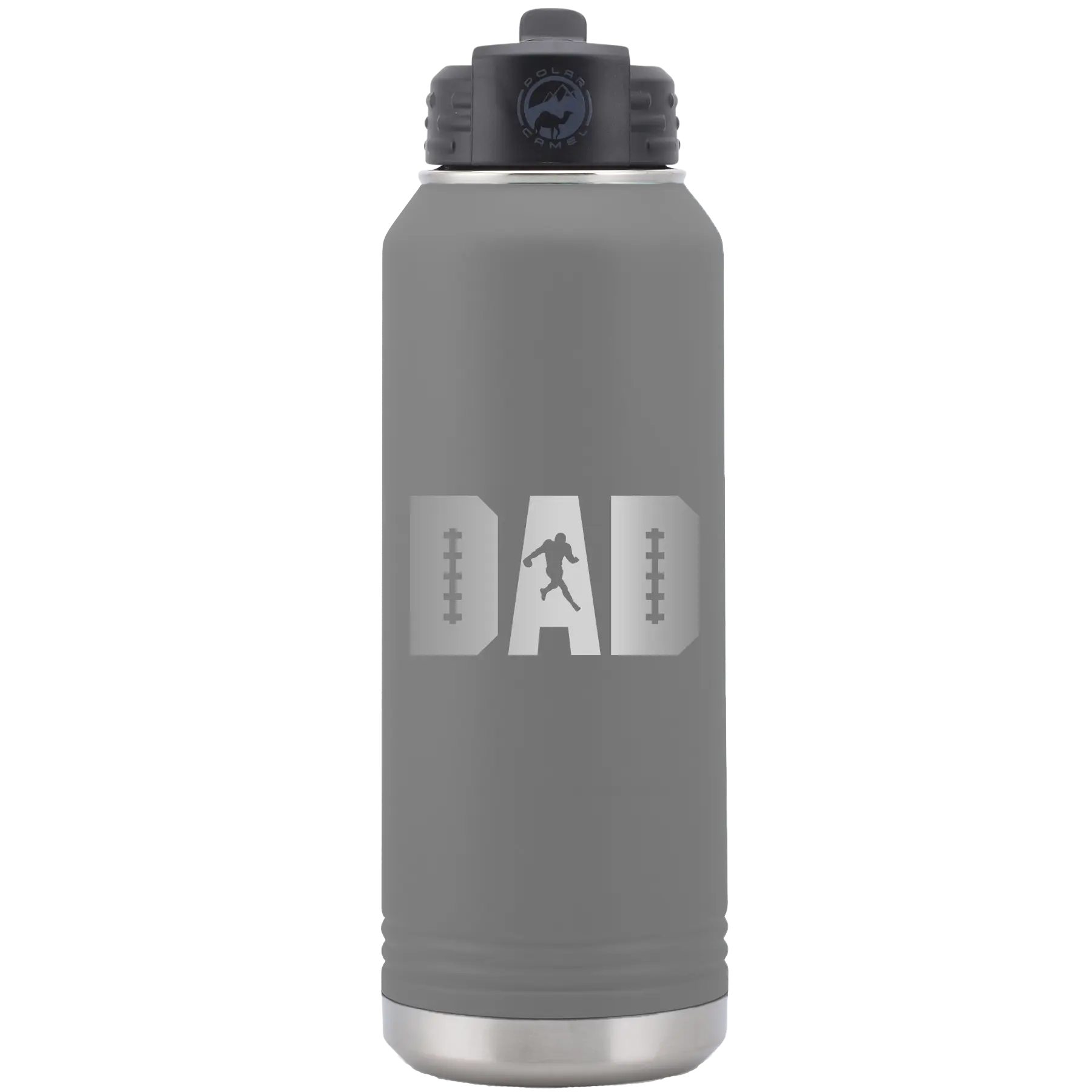 Laser etched dark gray 32 oz vacuum insulated water bottle with 'Football Dad' design