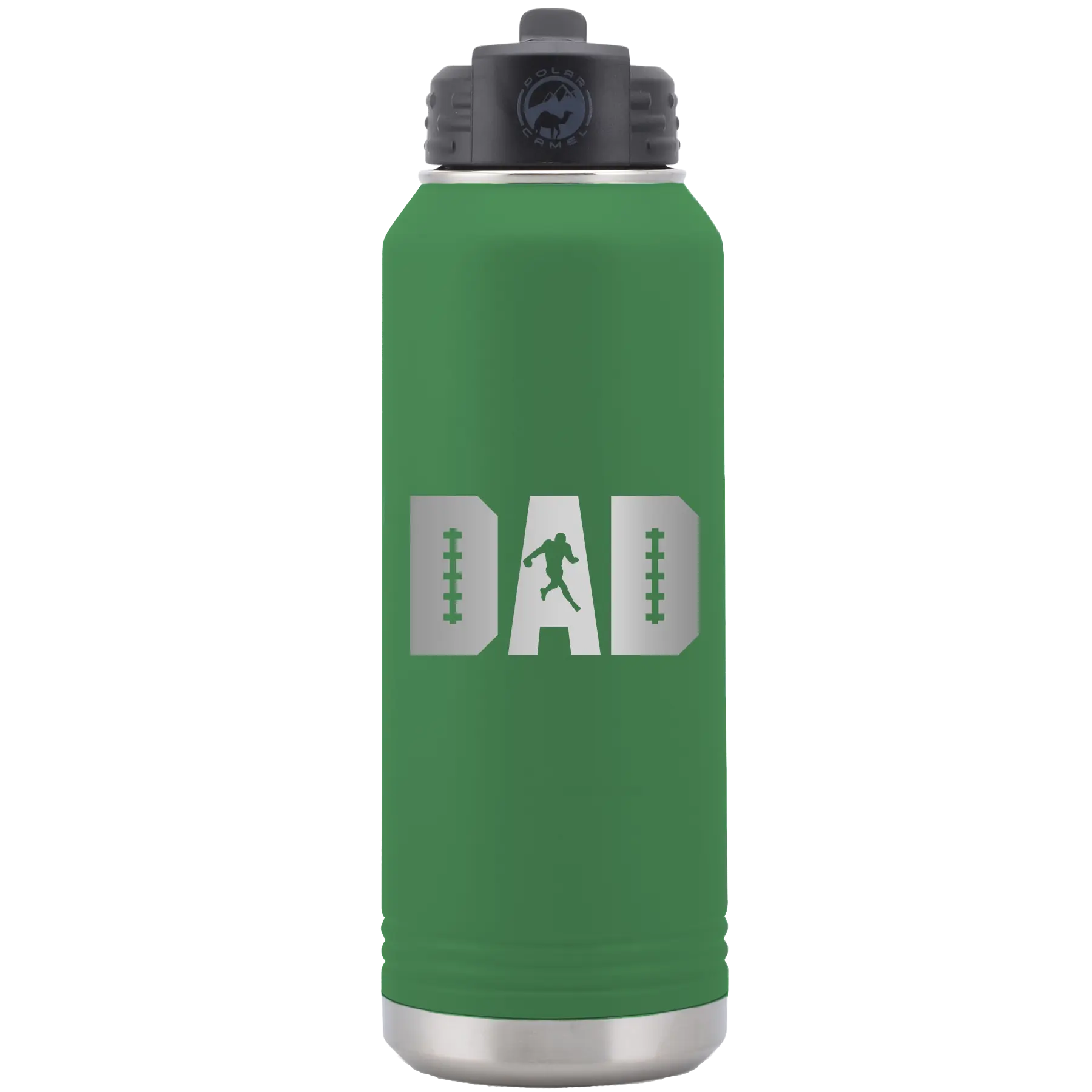 Laser etched green 32 oz vacuum insulated water bottle with 'Football Dad' design