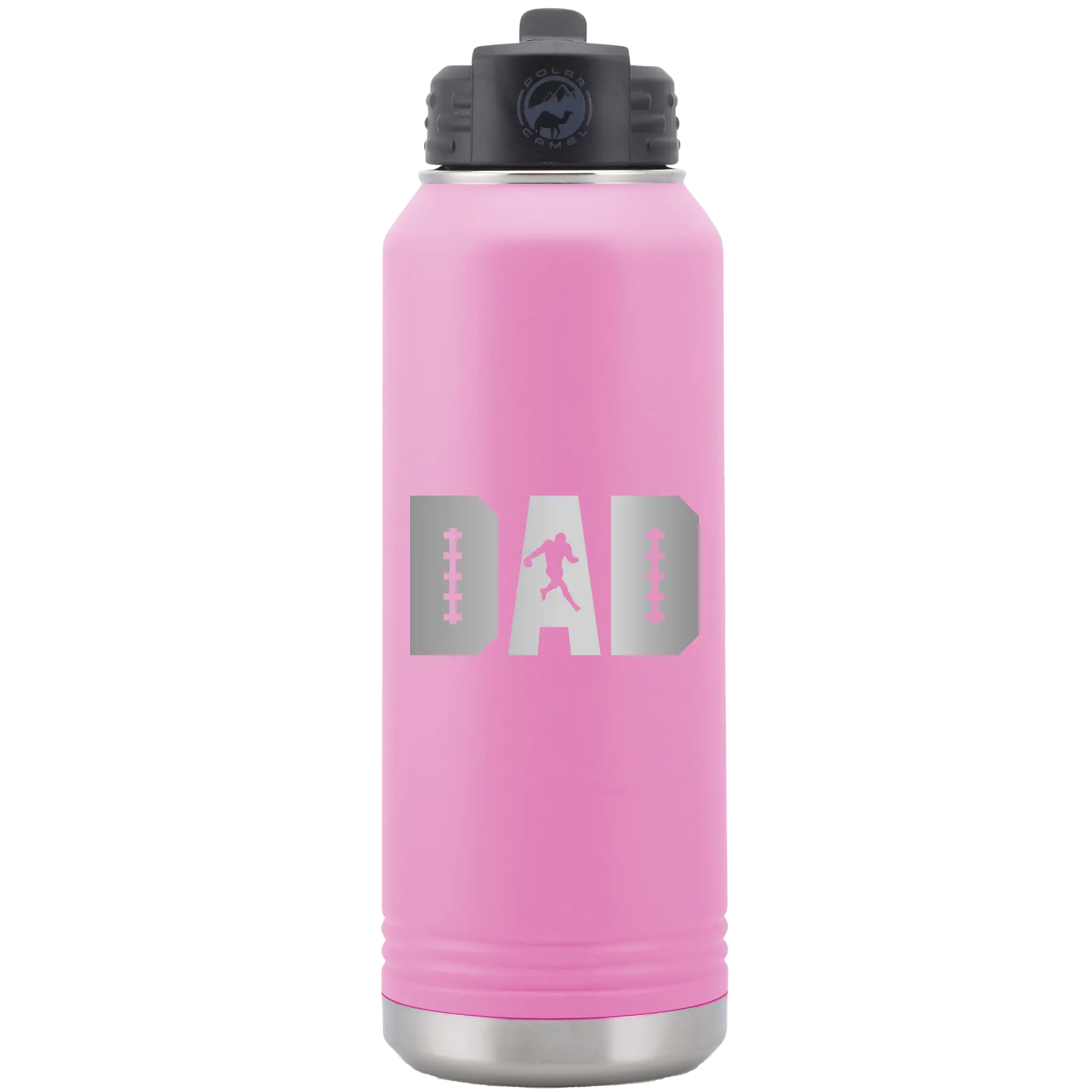 Laser etched light purple 32 oz vacuum insulated water bottle with 'Football Dad' design