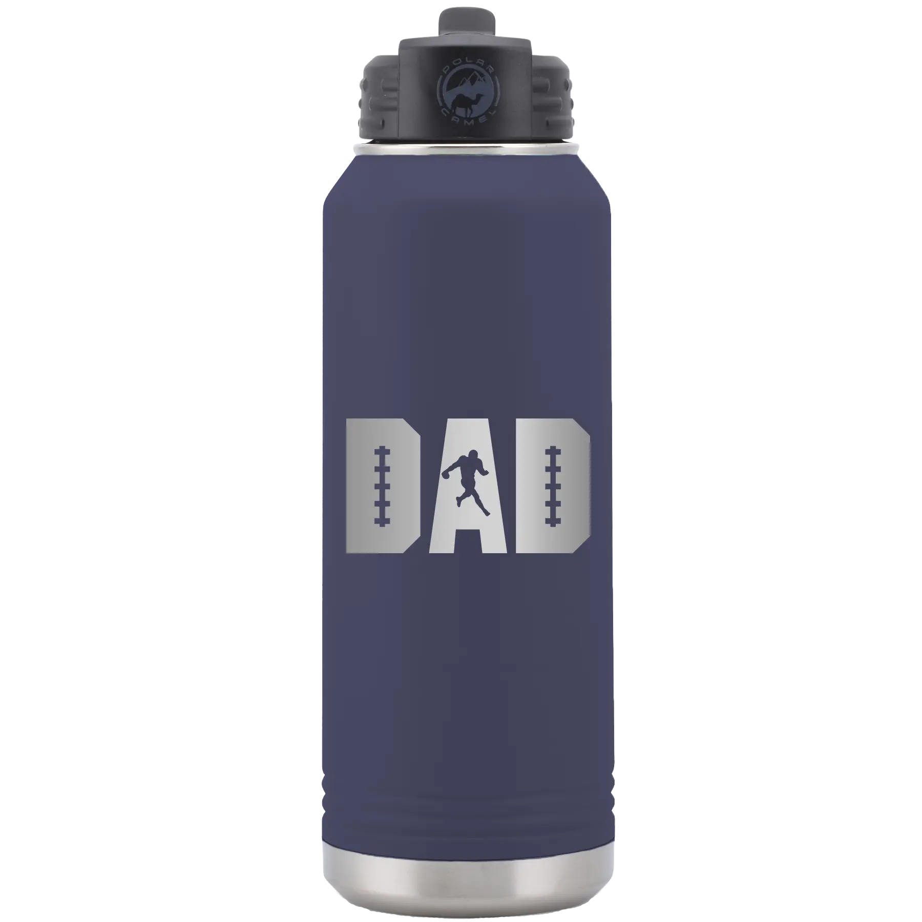 Laser etched navy 32 oz vacuum insulated water bottle with 'Football Dad' design