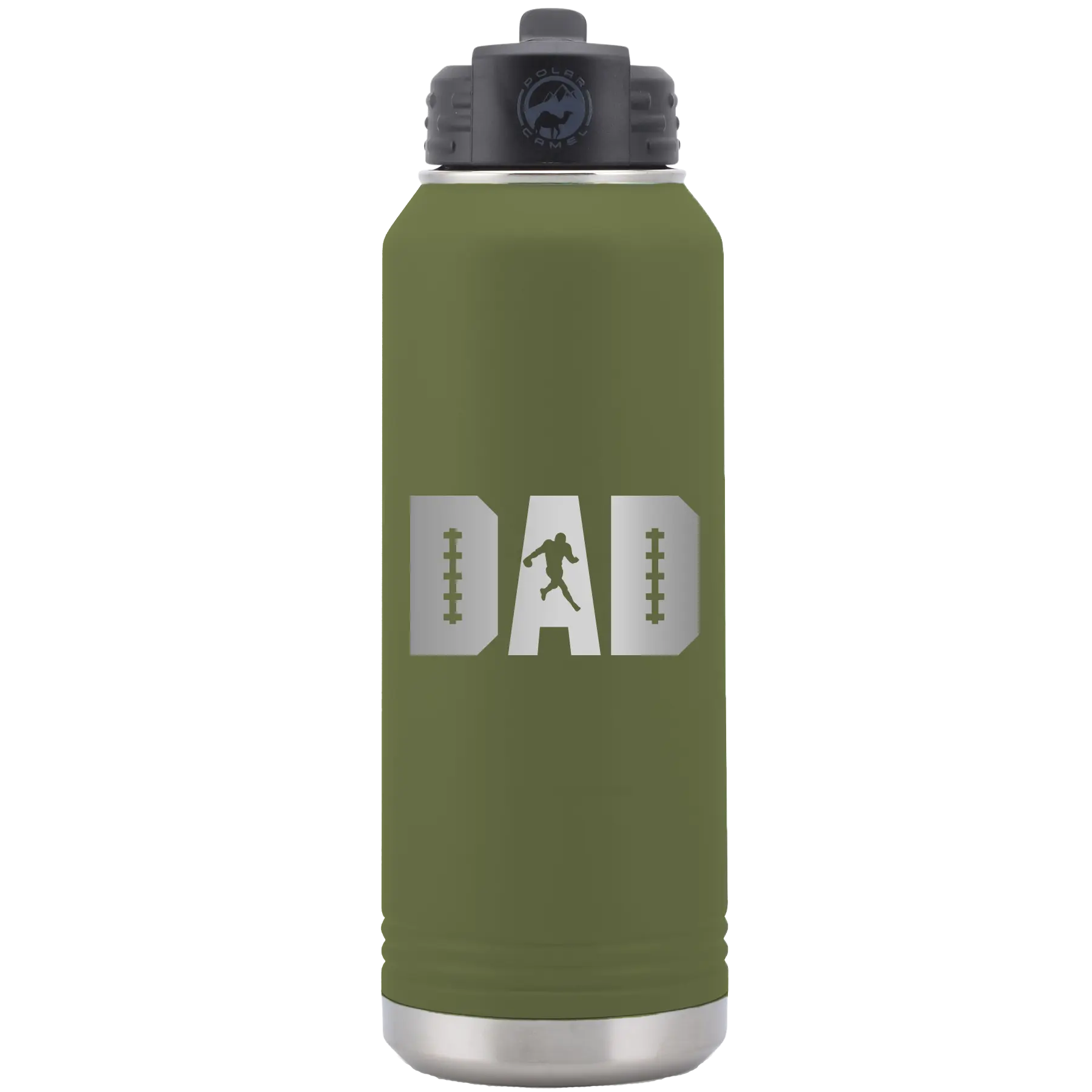 Laser etched olive green 32 oz vacuum insulated water bottle with 'Football Dad' design