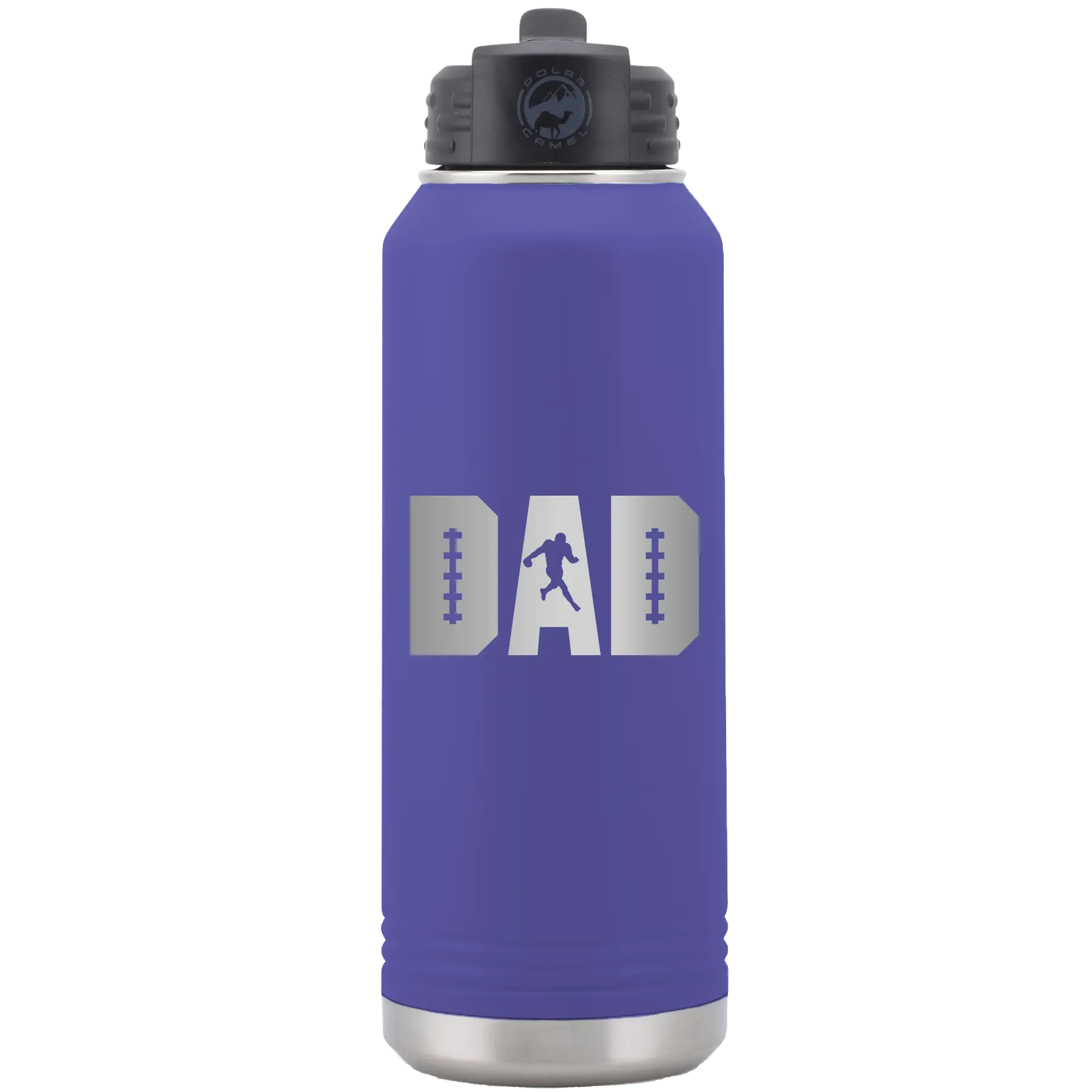 Laser etched purple 32 oz vacuum insulated water bottle with 'Football Dad' design