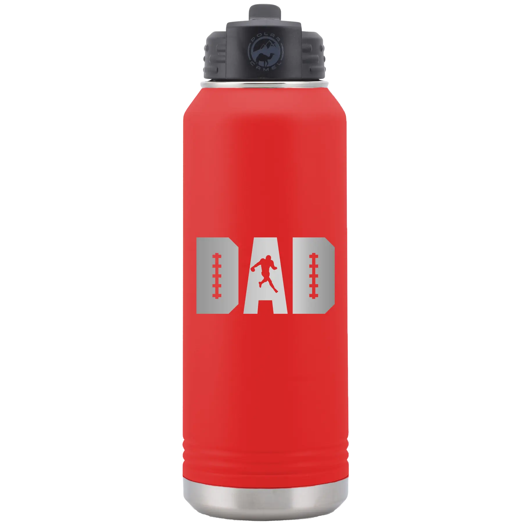 Laser etched red 32 oz vacuum insulated water bottle with 'Football Dad' design