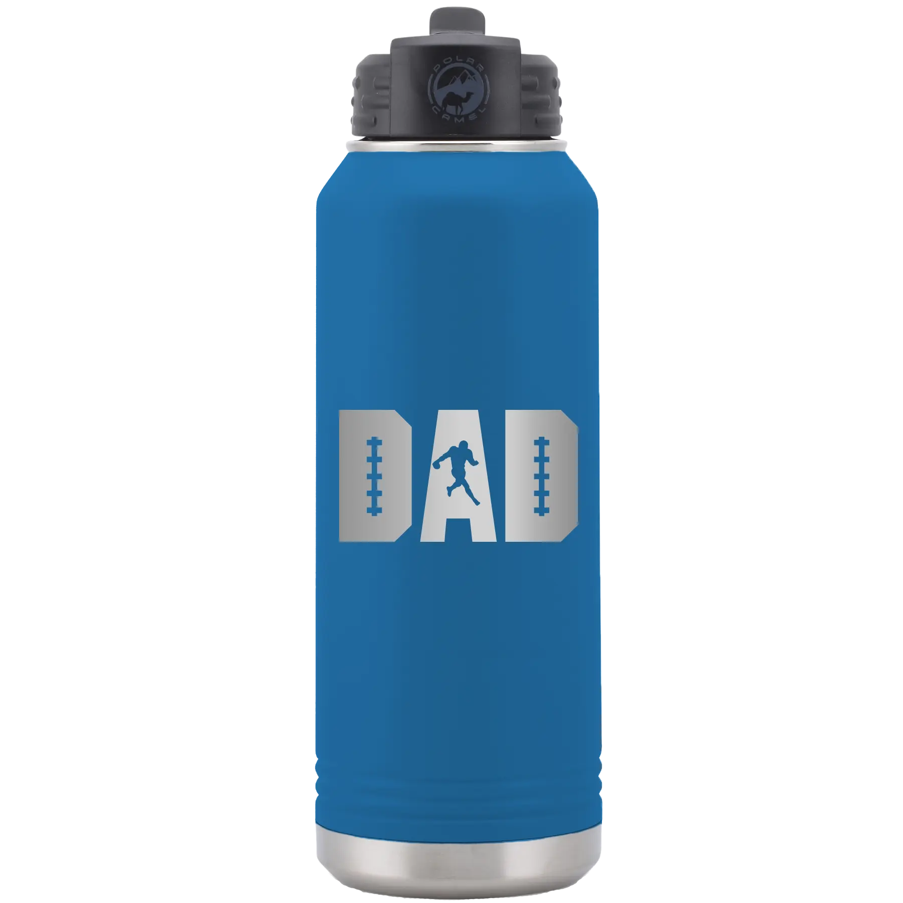 Laser etched royal blue 32 oz vacuum insulated water bottle with 'Football Dad' design