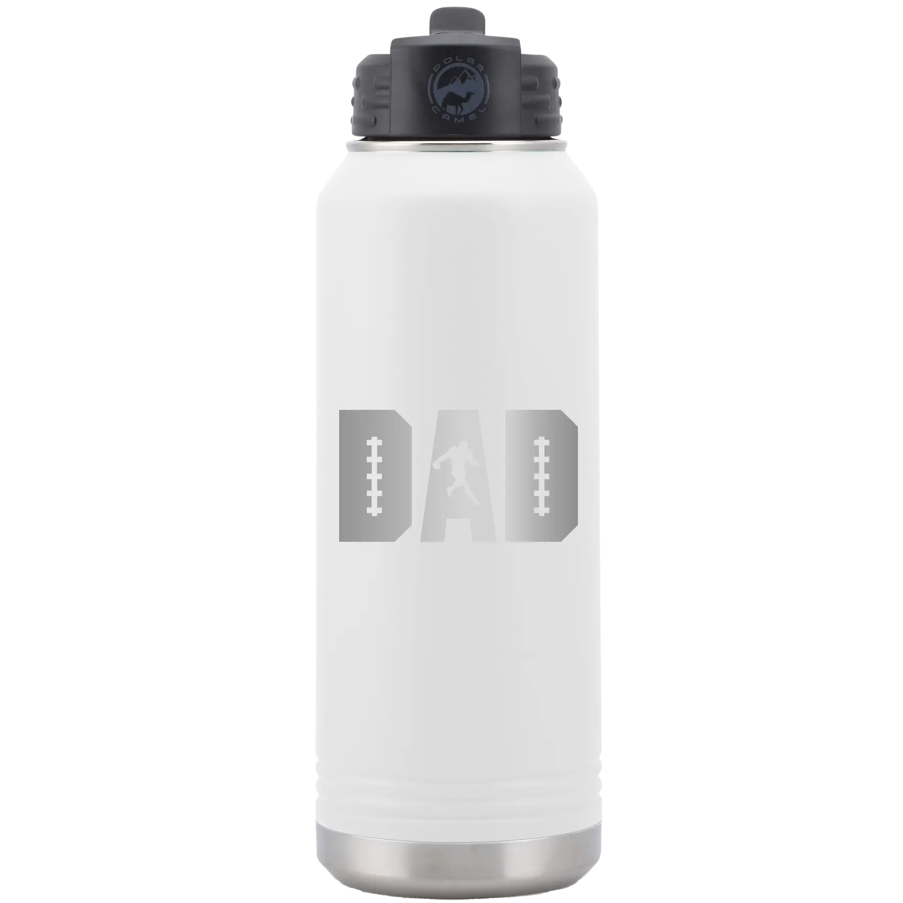 Laser etched white 32 oz vacuum insulated water bottle with 'Football Dad' design