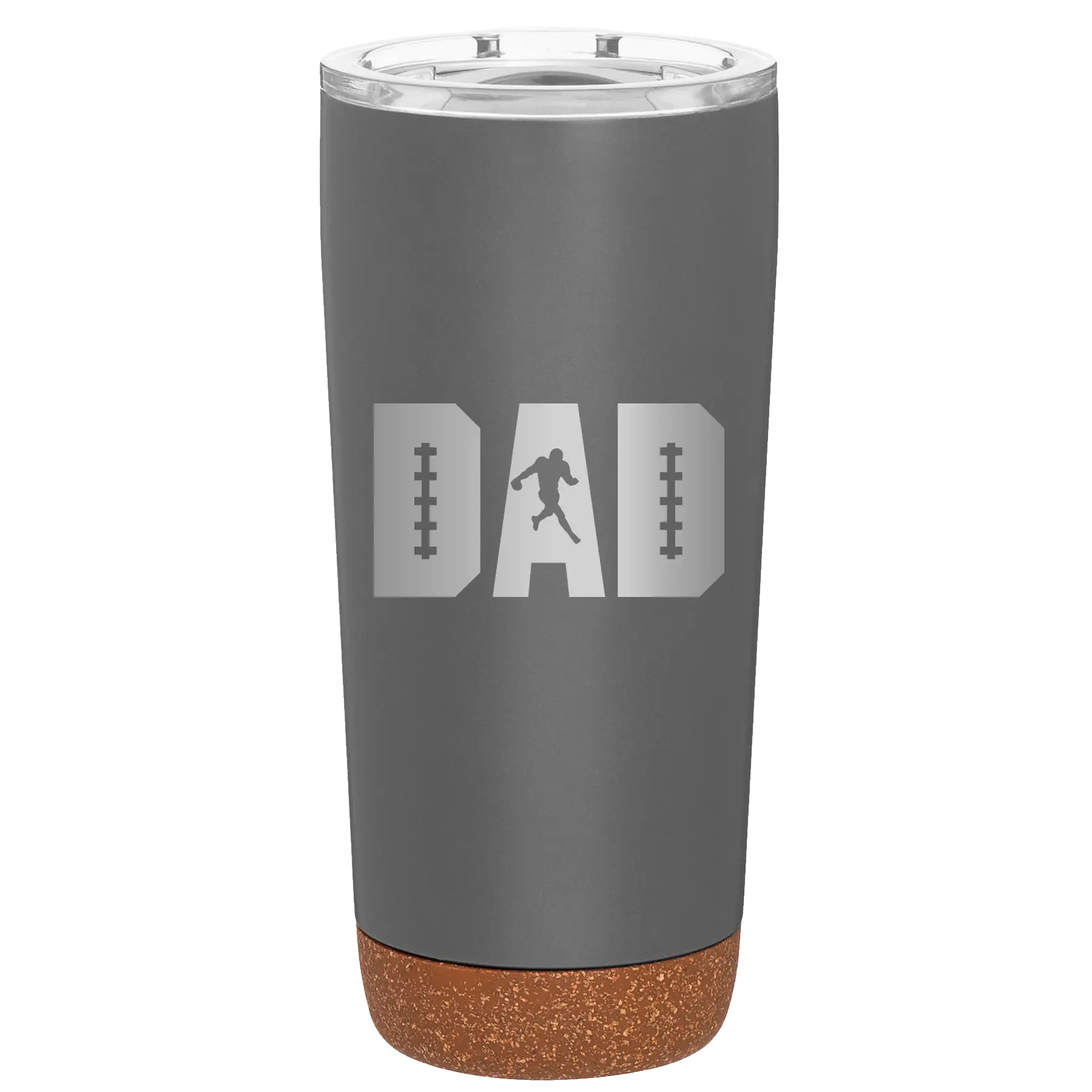 Laser etched storm gray 20 oz vacuum insulated tumbler with 'Football Dad' design