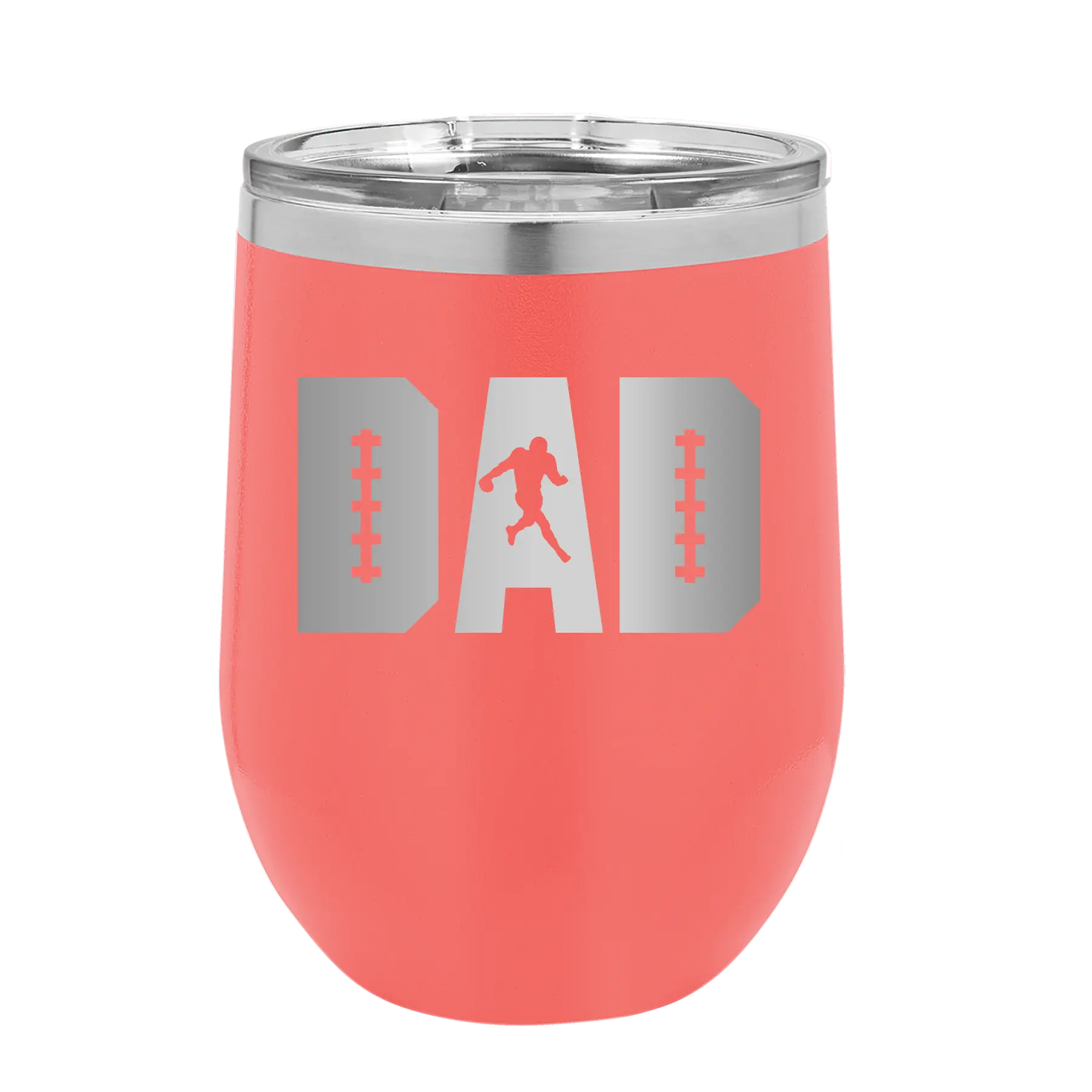 Laser etched coral 12 oz vacuum insulated wine cup with 'Football Dad' design