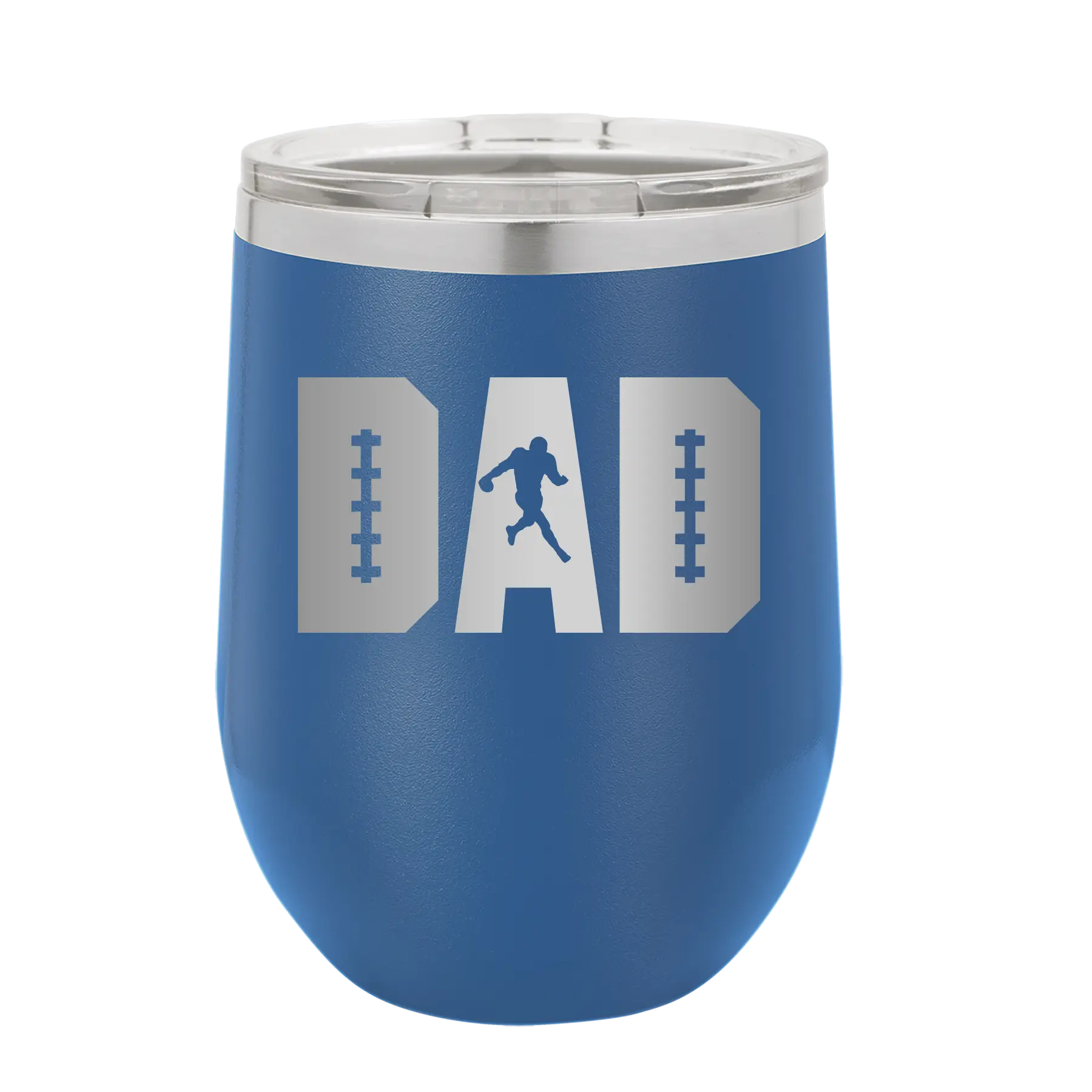 Laser etched royal blue 12 oz vacuum insulated wine cup with 'Football Dad' design