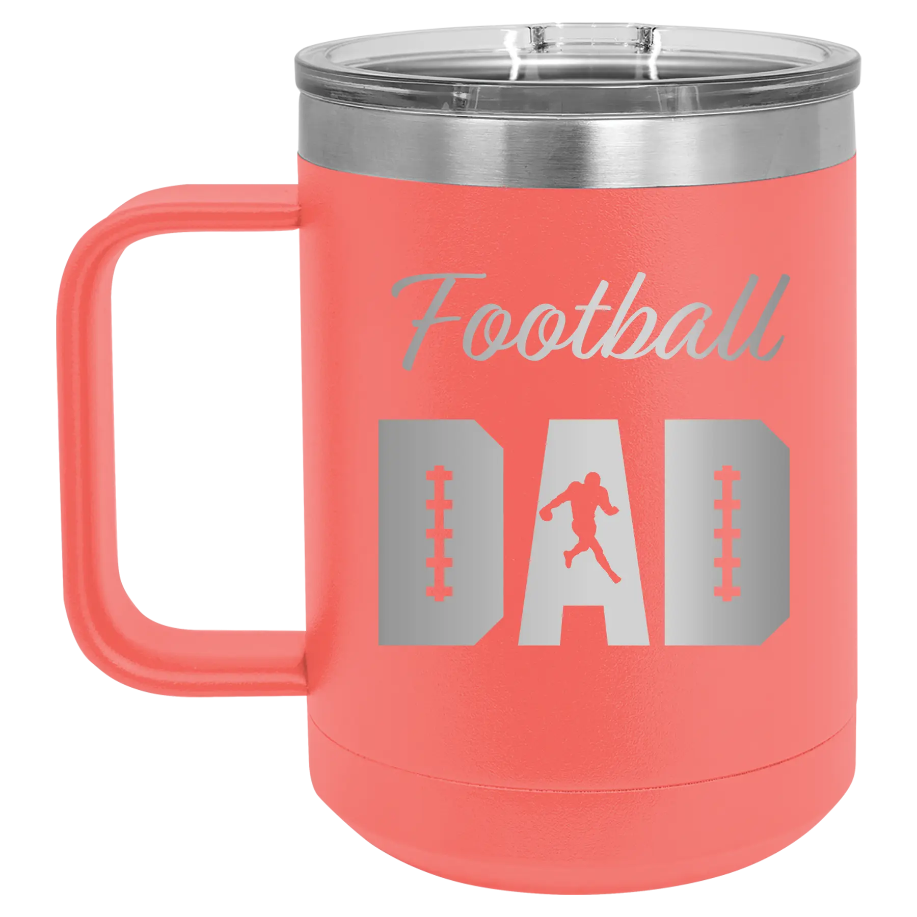 Laser etched coral 15 oz vacuum insulated coffee mug with 'Football Dad2' design