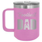 Laser etched light purple 15 oz vacuum insulated coffee mug with 'Football Dad2' design