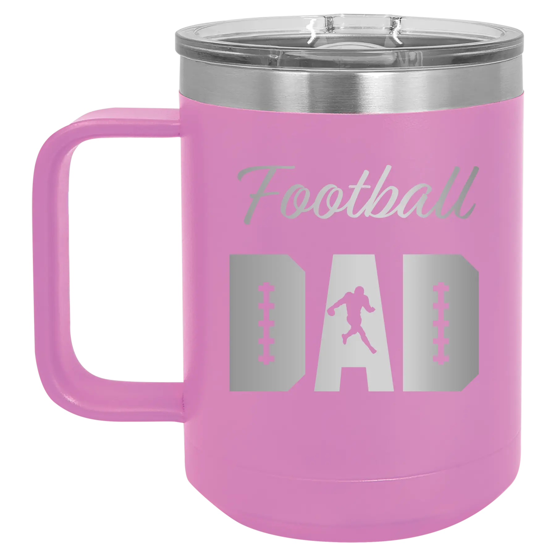 Laser etched light purple 15 oz vacuum insulated coffee mug with 'Football Dad2' design