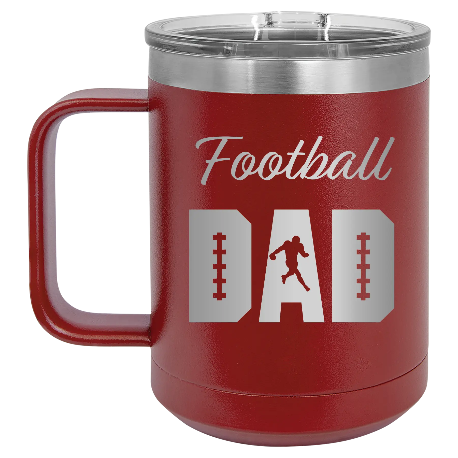 Laser etched maroon 15 oz vacuum insulated coffee mug with 'Football Dad2' design