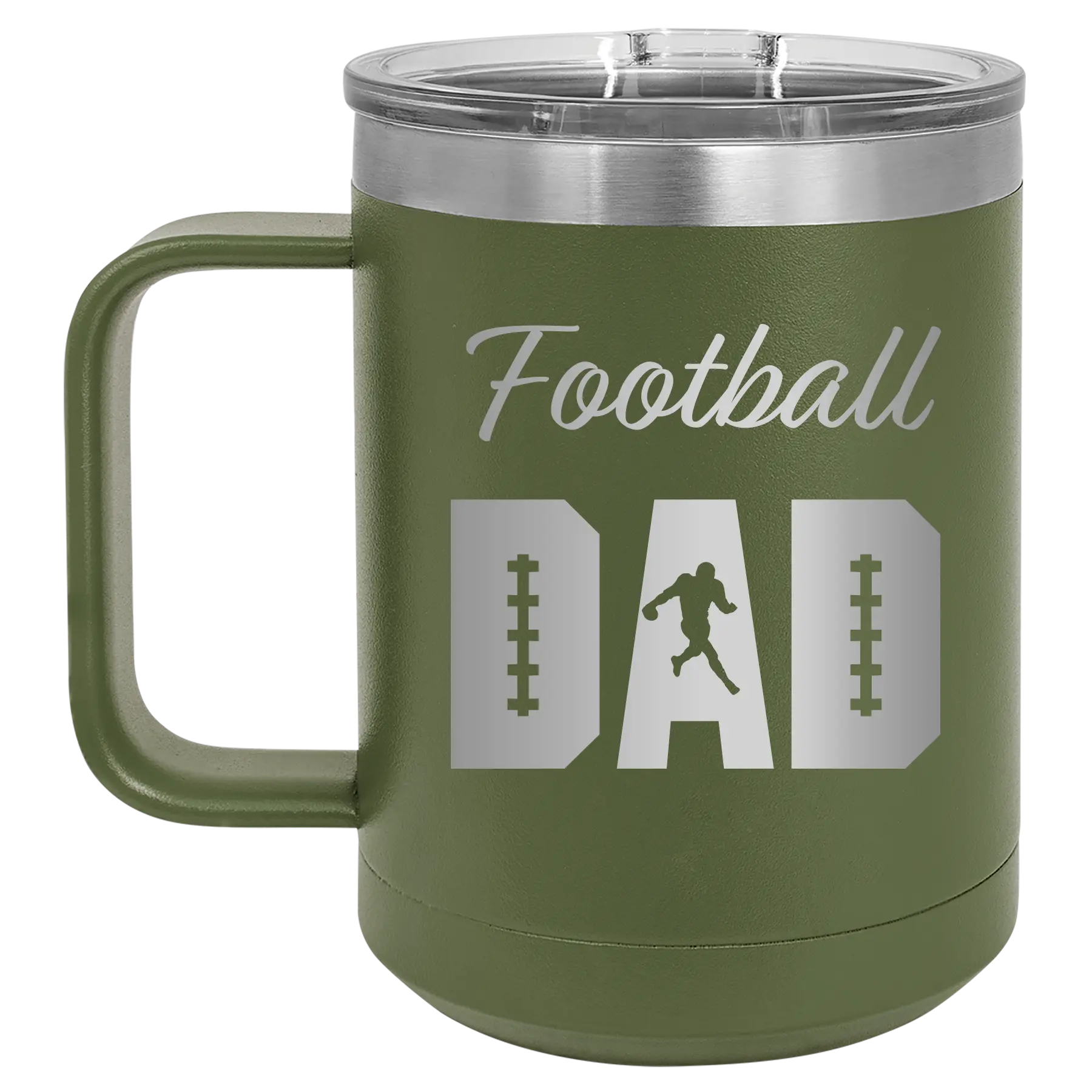 Laser etched olive green 15 oz vacuum insulated coffee mug with 'Football Dad2' design