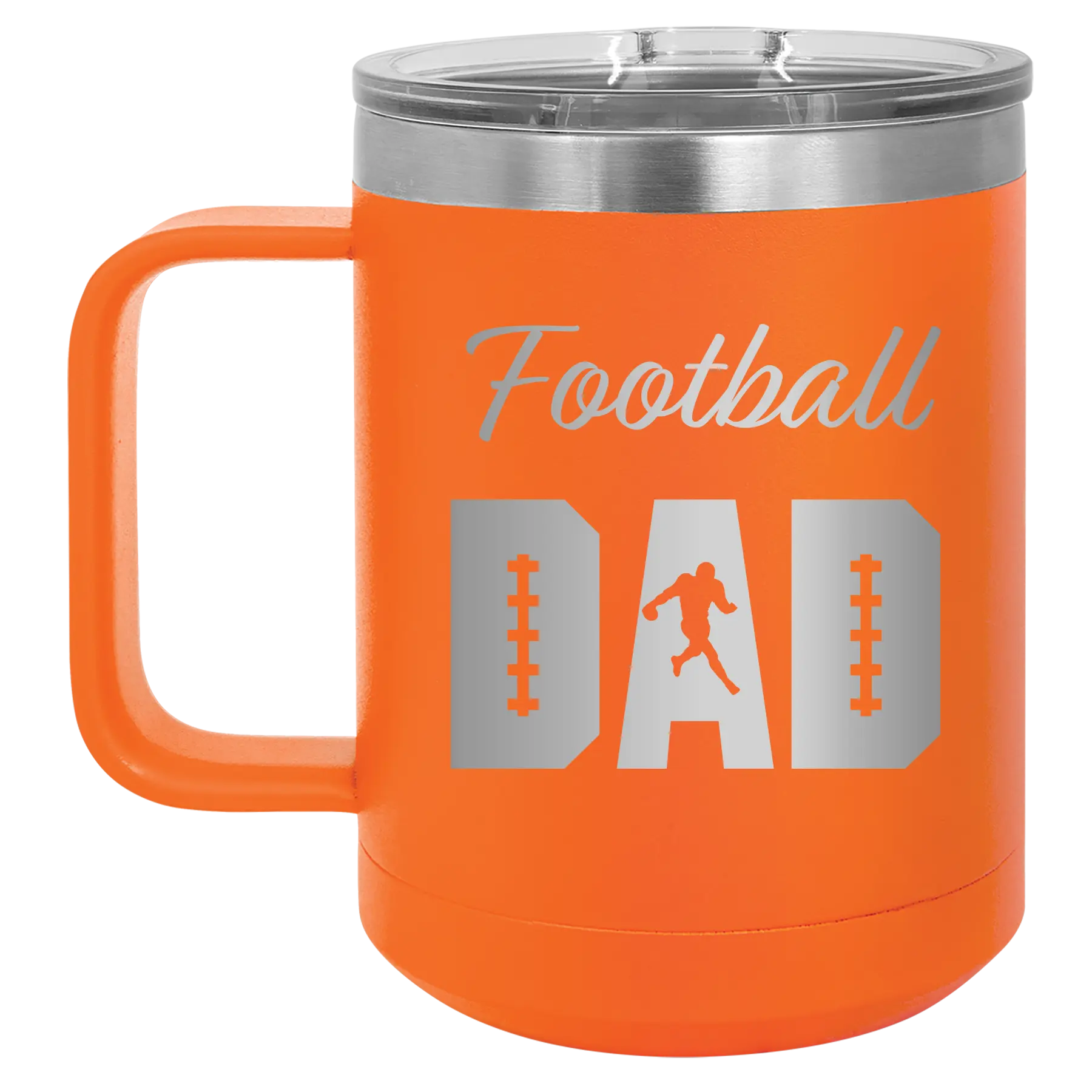 Laser etched orange 15 oz vacuum insulated coffee mug with 'Football Dad2' design