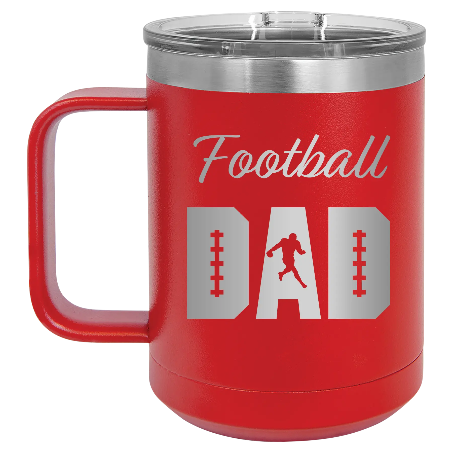 Laser etched red 15 oz vacuum insulated coffee mug with 'Football Dad2' design