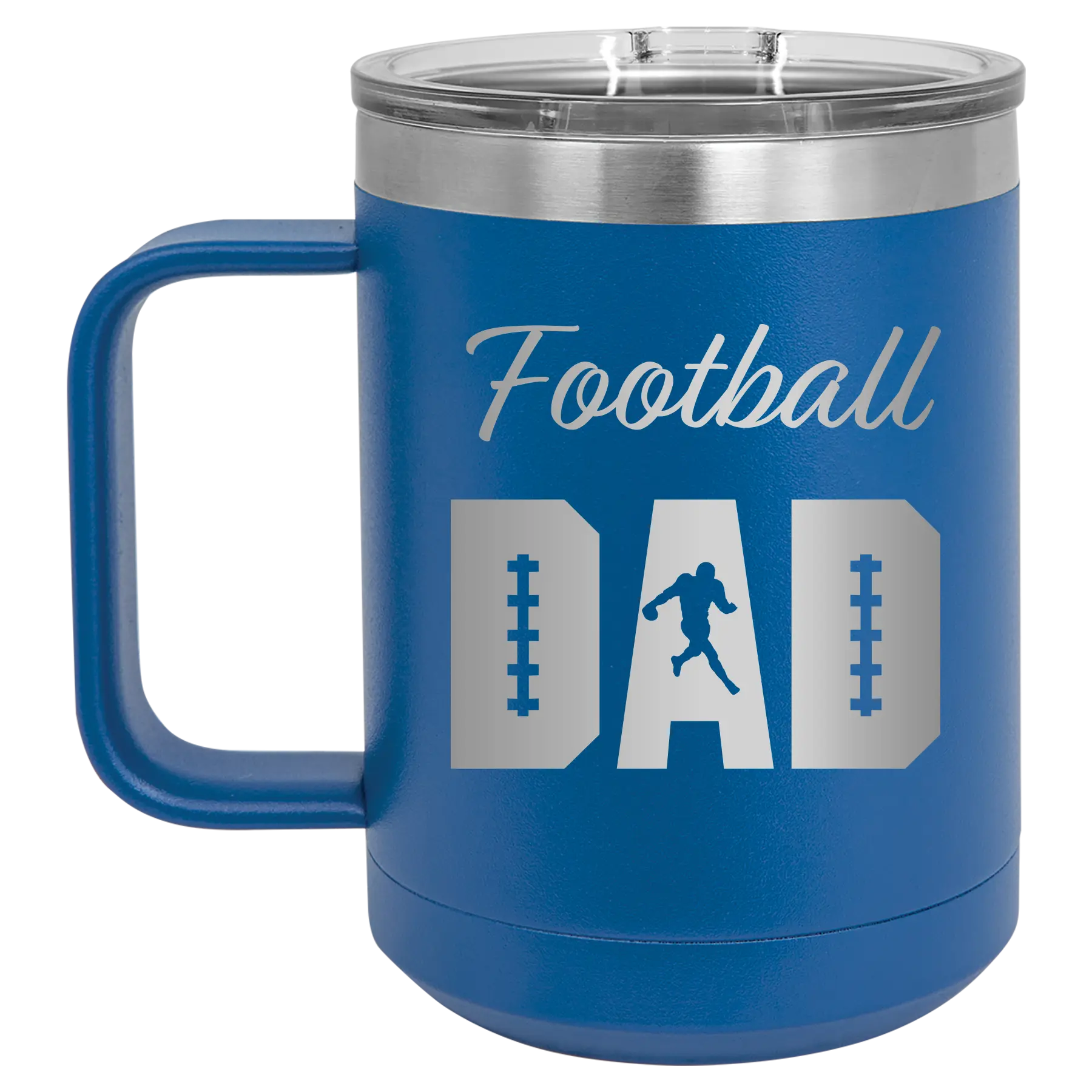 Laser etched royal blue 15 oz vacuum insulated coffee mug with 'Football Dad2' design