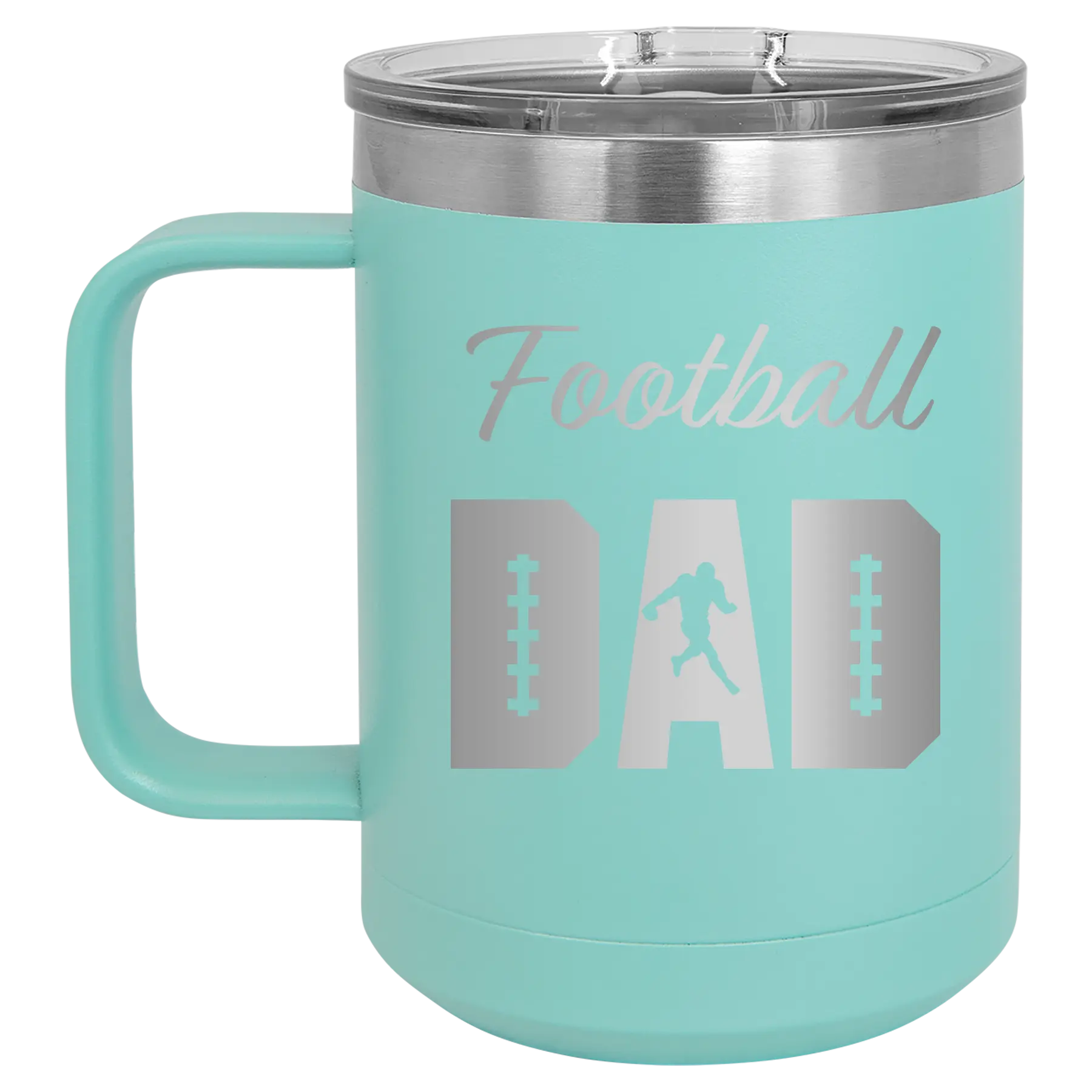 Laser etched teal 15 oz vacuum insulated coffee mug with 'Football Dad2' design