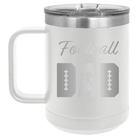 Laser etched white 15 oz vacuum insulated coffee mug with 'Football Dad2' design