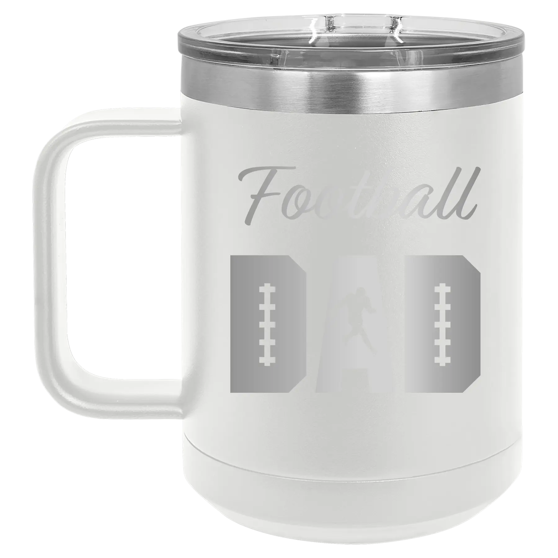Laser etched white 15 oz vacuum insulated coffee mug with 'Football Dad2' design