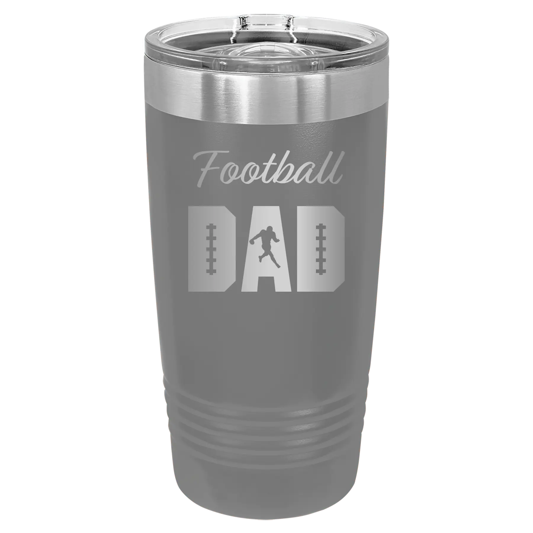 Laser etched dark gray 20 oz vacuum insulated tumbler with 'Football Dad2' design