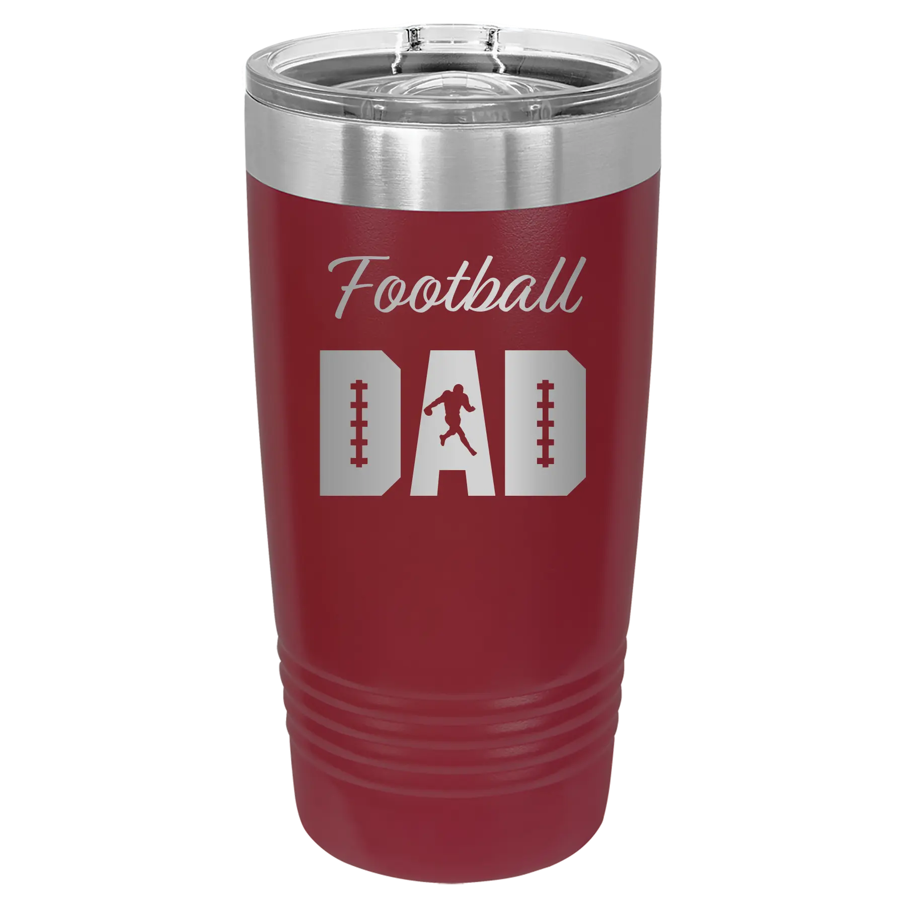 Laser etched maroon 20 oz vacuum insulated tumbler with 'Football Dad2' design