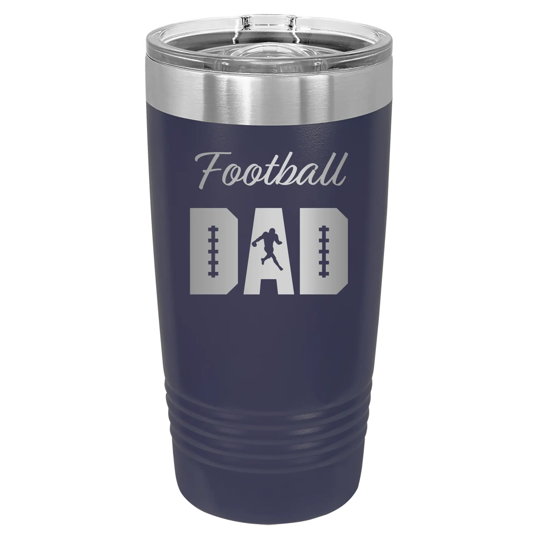 Laser etched navy 20 oz vacuum insulated tumbler with 'Football Dad2' design
