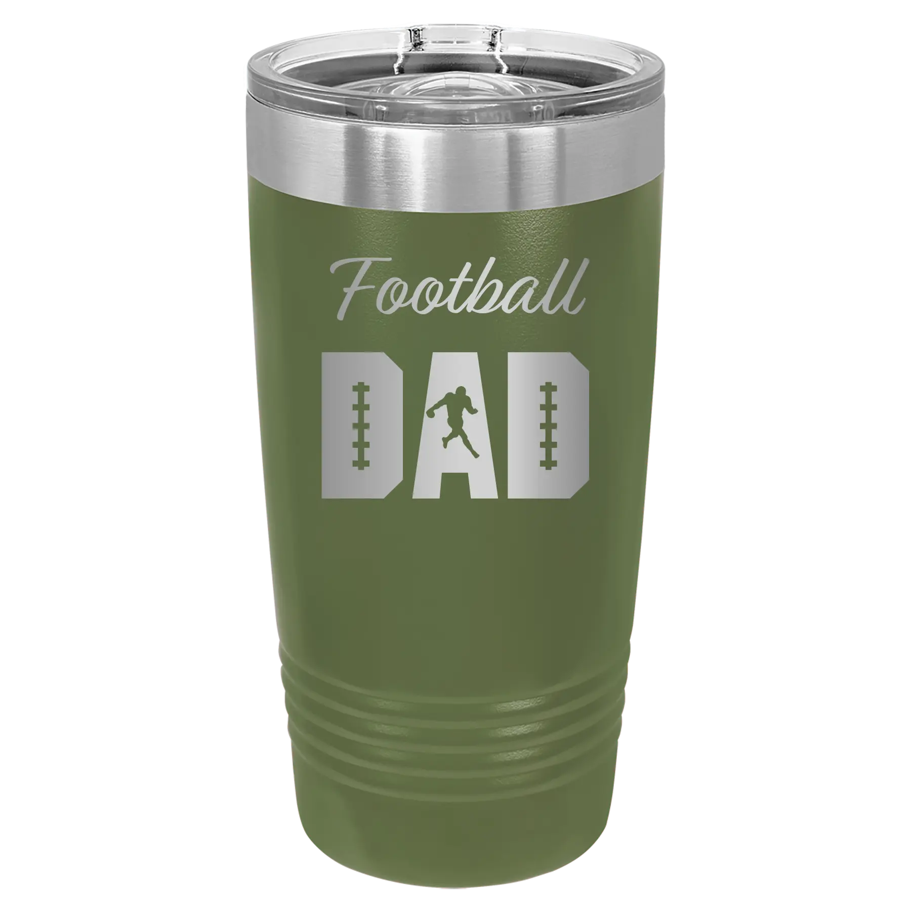 Laser etched olive green 20 oz vacuum insulated tumbler with 'Football Dad2' design