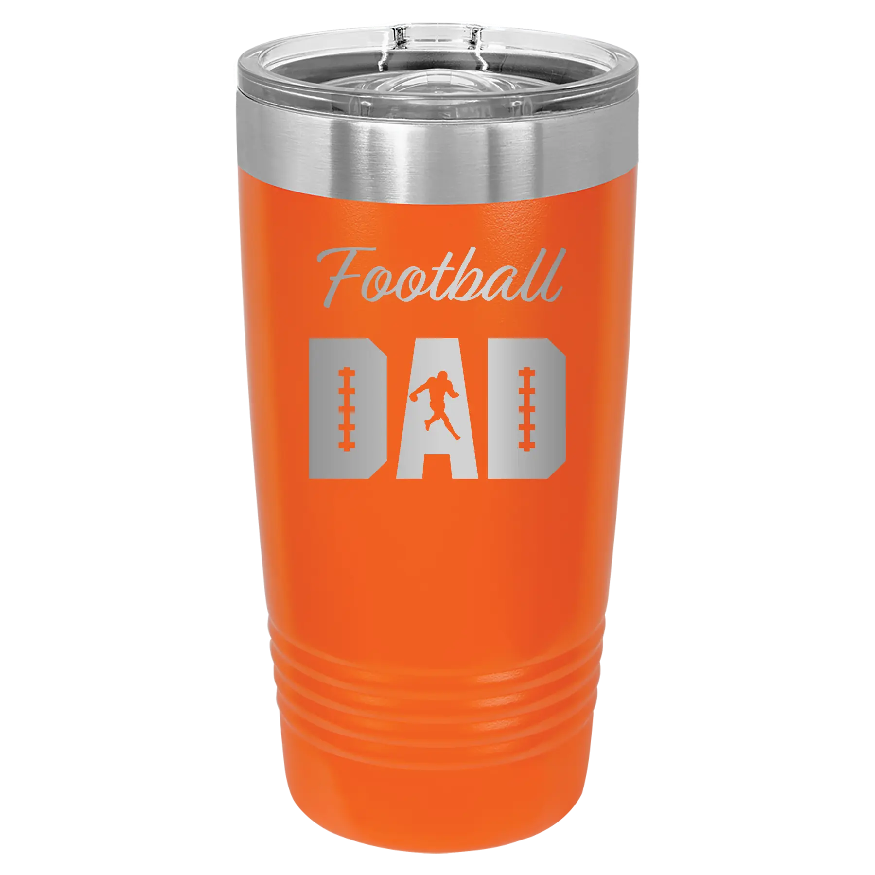 Laser etched orange 20 oz vacuum insulated tumbler with 'Football Dad2' design