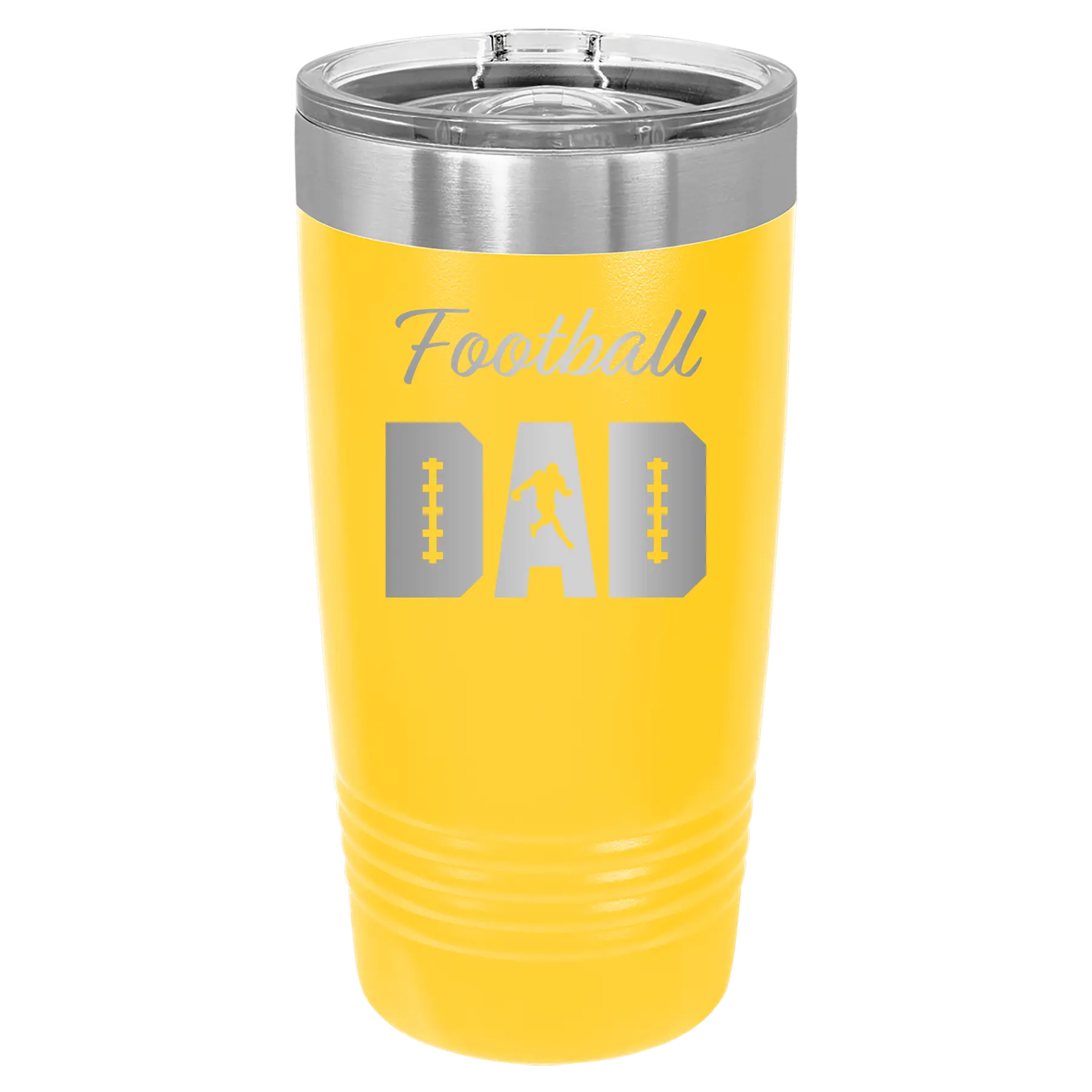 Laser etched yellow 20 oz vacuum insulated tumbler with 'Football Dad2' design