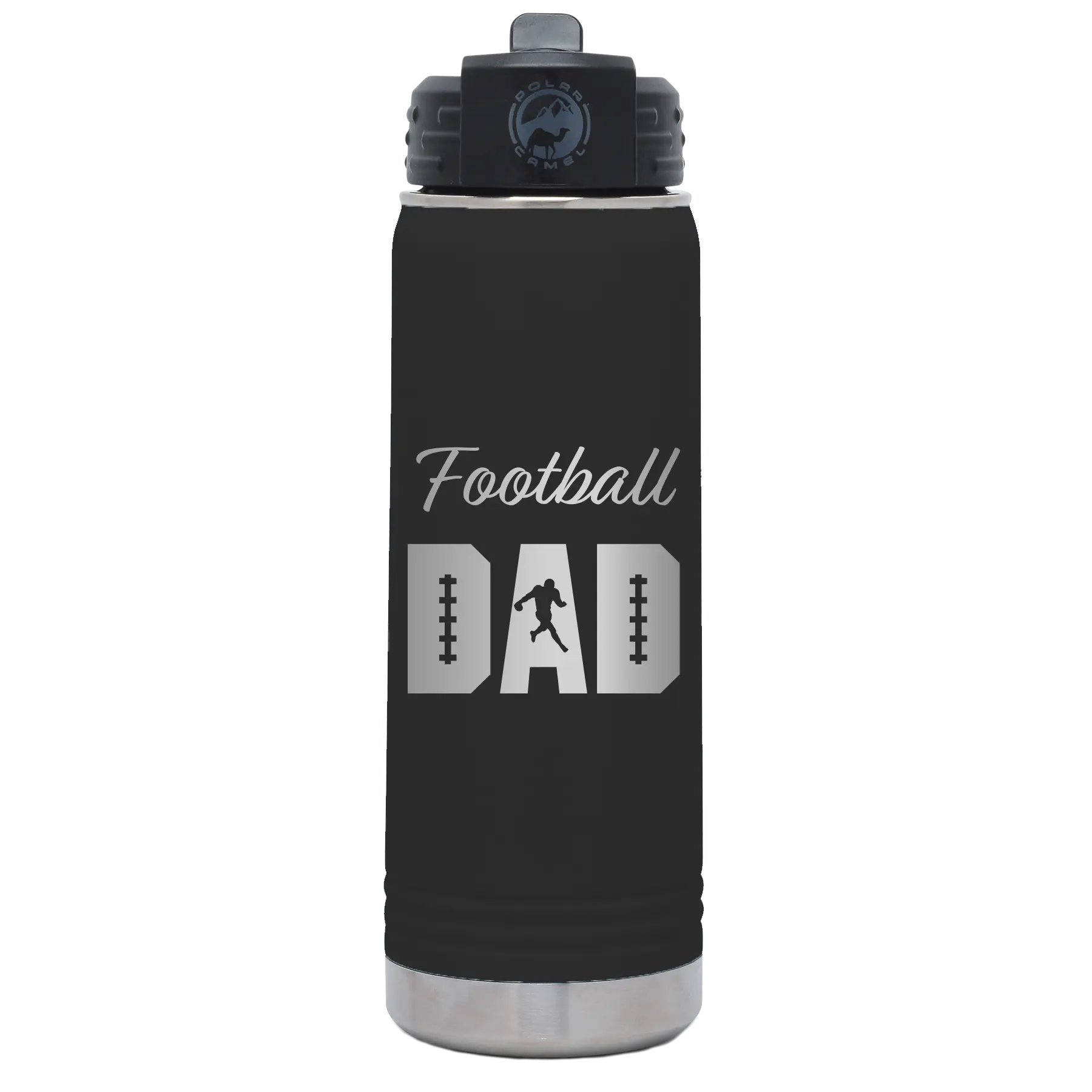Laser etched black 20 oz vacuum insulated water bottle with 'Football Dad2' design