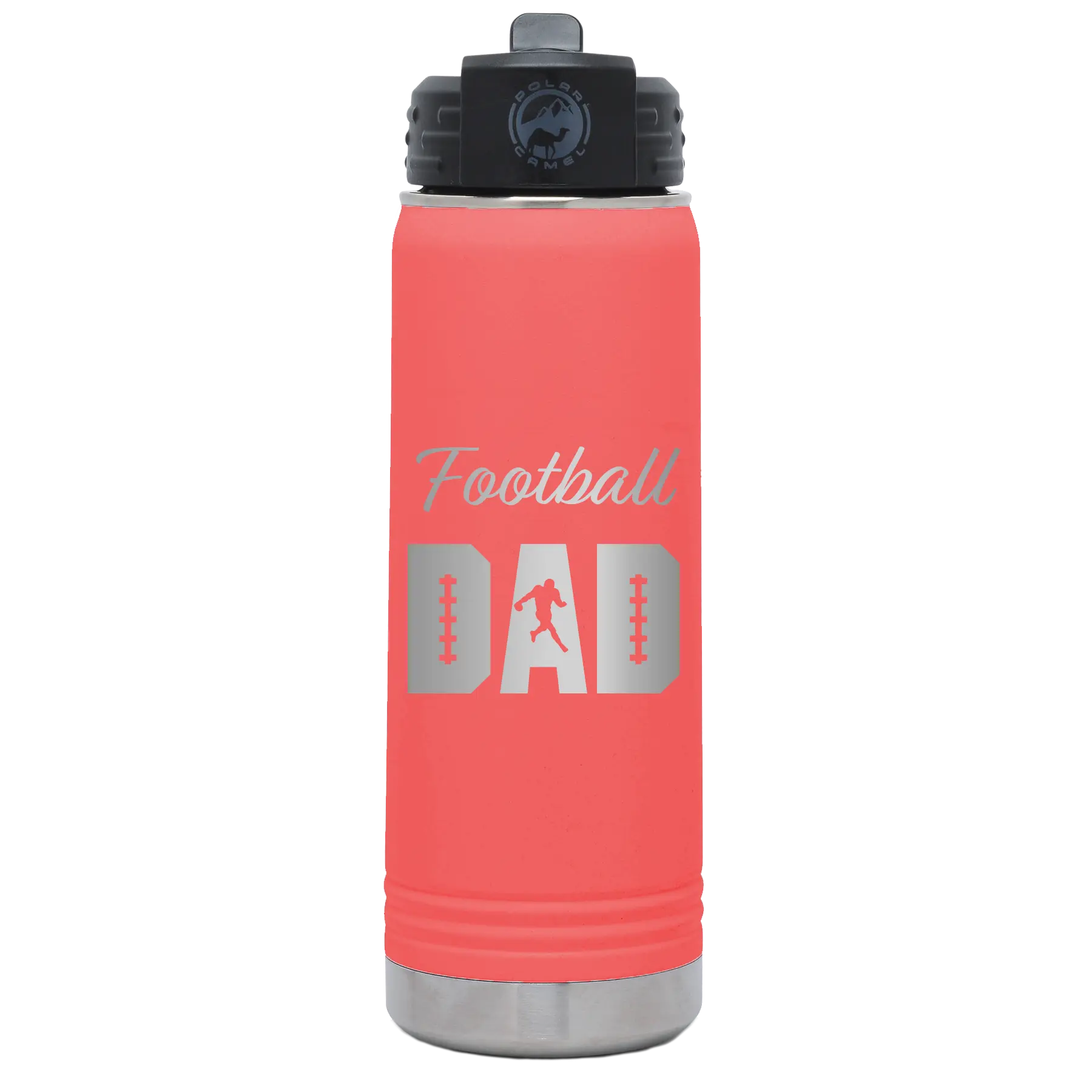 Laser etched coral 20 oz vacuum insulated water bottle with 'Football Dad2' design