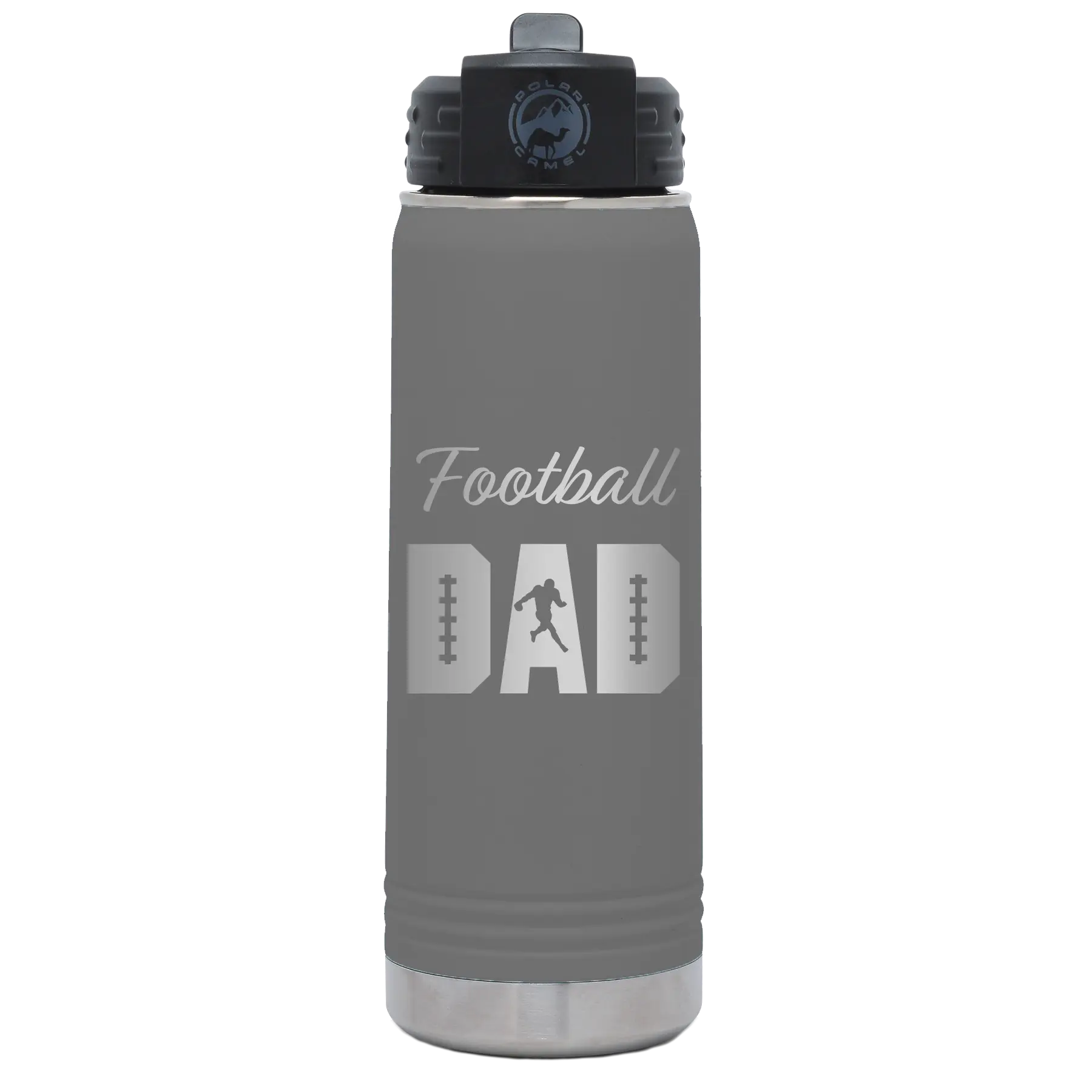 Laser etched dark gray 20 oz vacuum insulated water bottle with 'Football Dad2' design