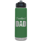 Laser etched green 20 oz vacuum insulated water bottle with 'Football Dad2' design