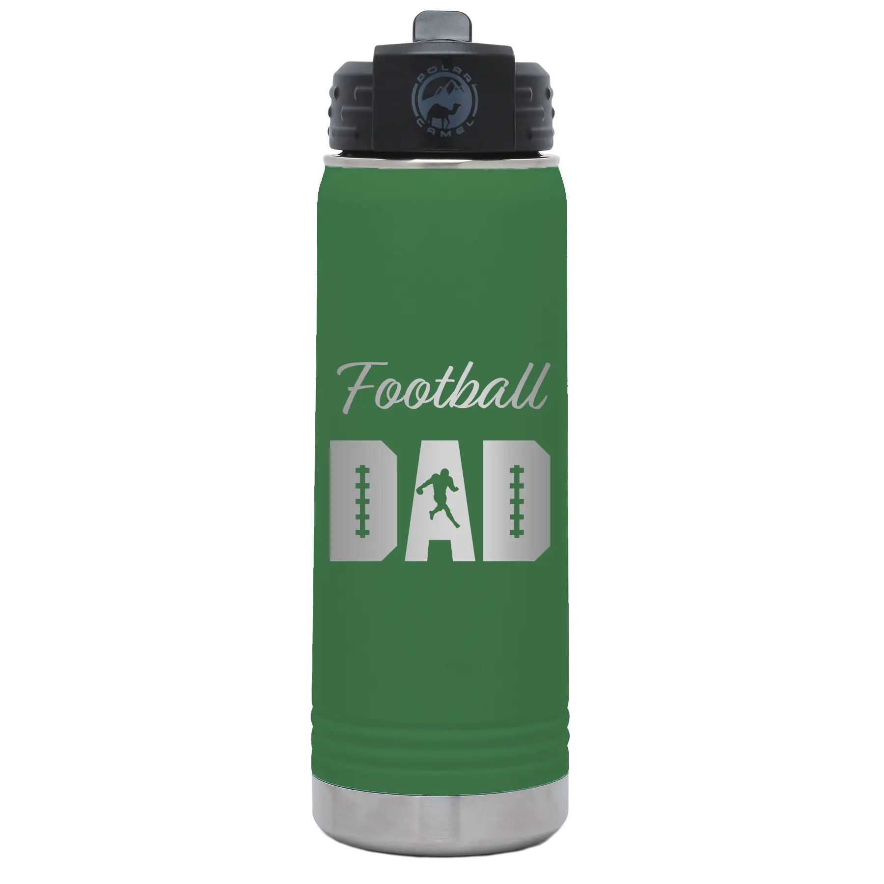 Laser etched green 20 oz vacuum insulated water bottle with 'Football Dad2' design