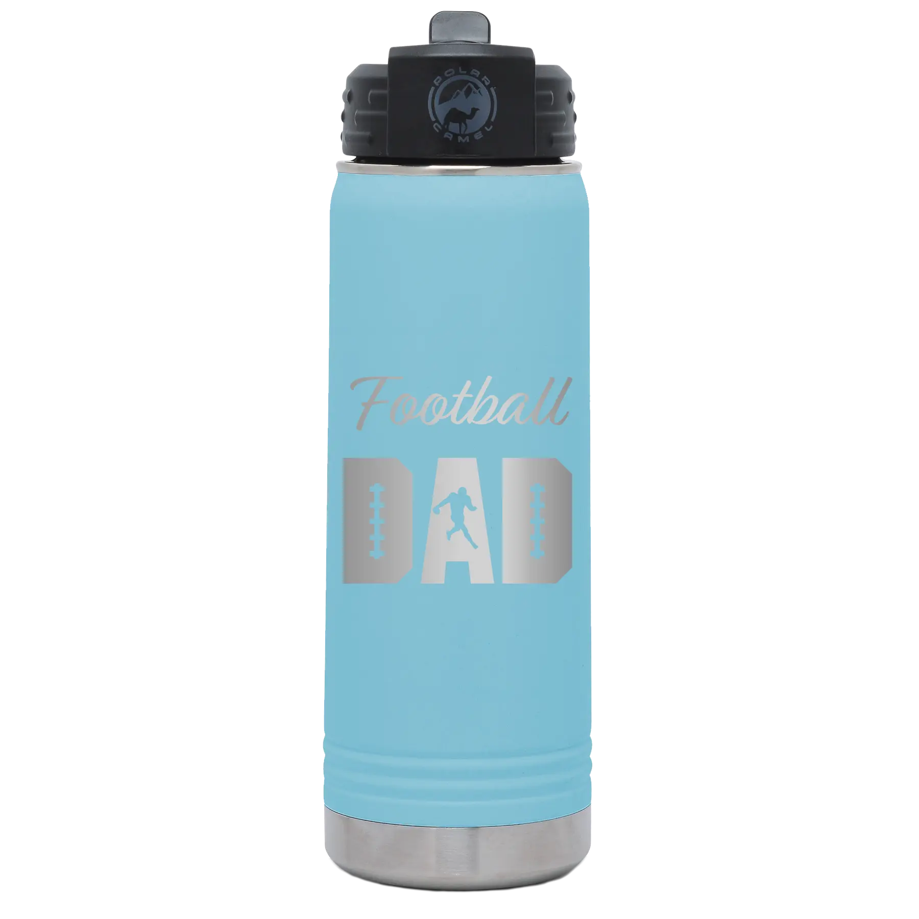 Laser etched light blue 20 oz vacuum insulated water bottle with 'Football Dad2' design