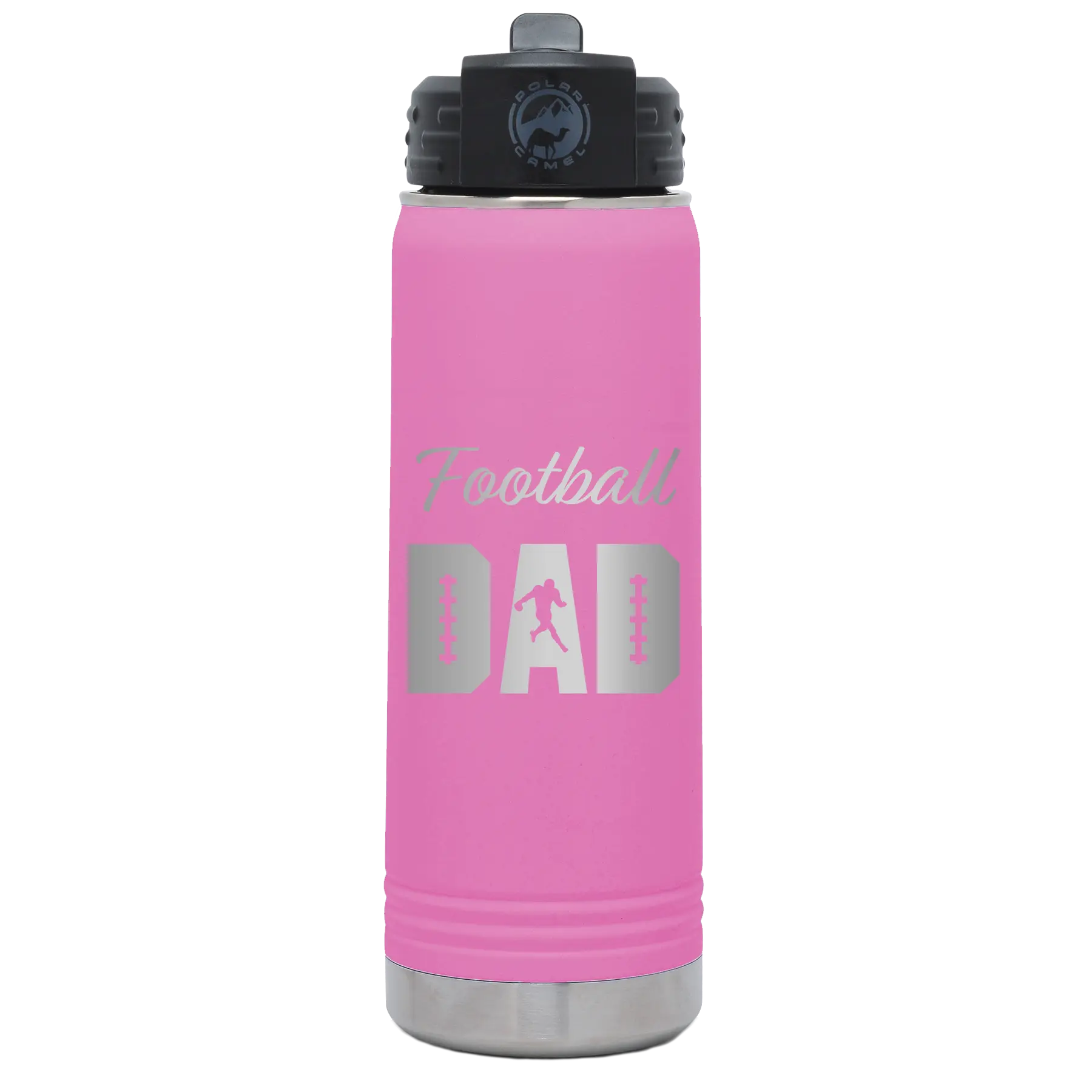 Laser etched light purple 20 oz vacuum insulated water bottle with 'Football Dad2' design