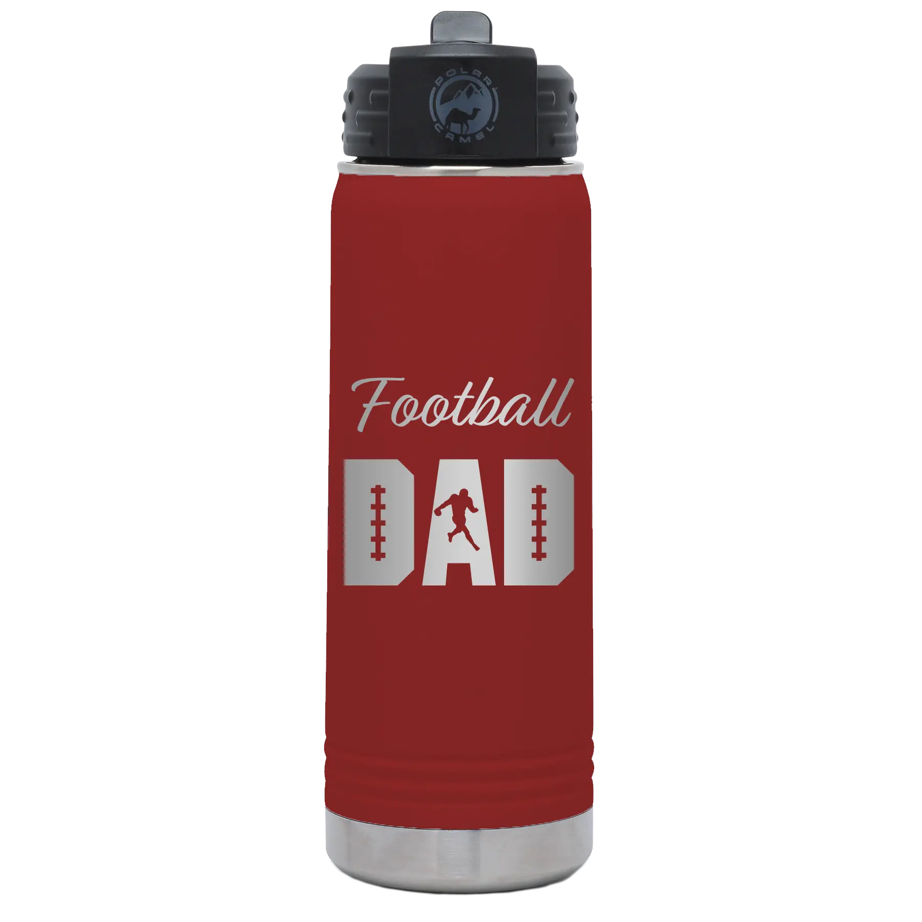 Laser etched maroon 20 oz vacuum insulated water bottle with 'Football Dad2' design