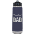 Laser etched navy 20 oz vacuum insulated water bottle with 'Football Dad2' design