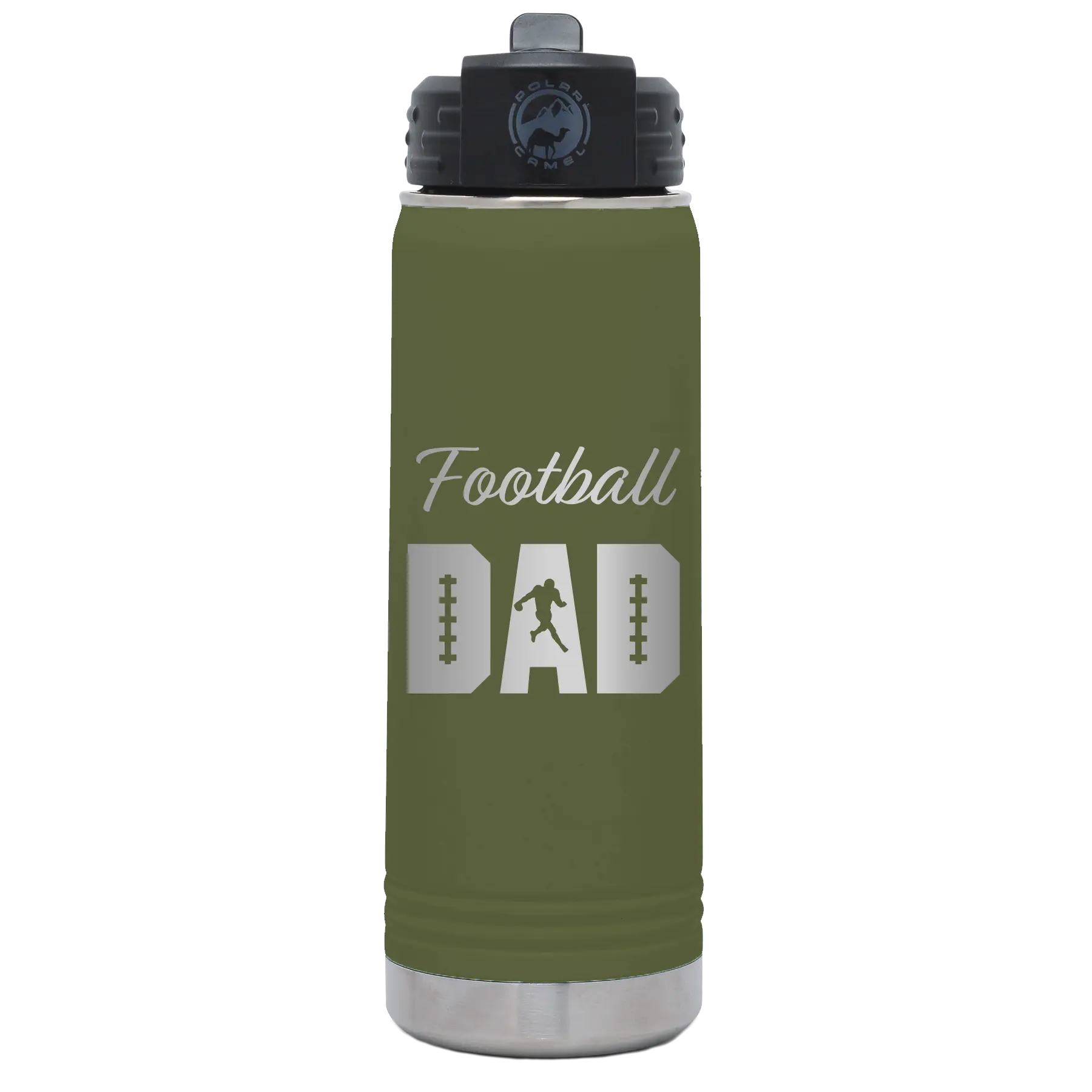 Laser etched olive green 20 oz vacuum insulated water bottle with 'Football Dad2' design