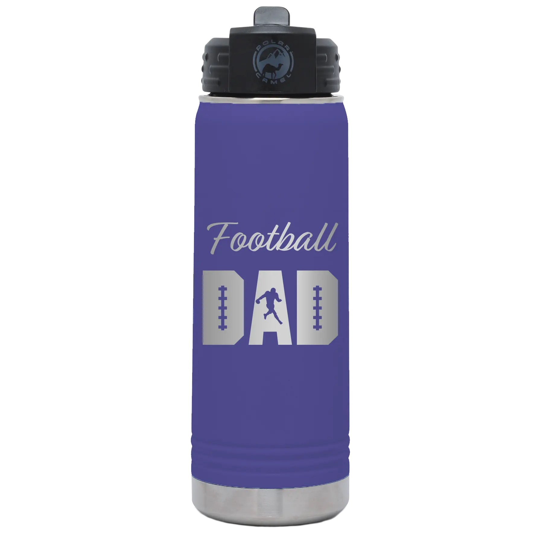 Laser etched purple 20 oz vacuum insulated water bottle with 'Football Dad2' design
