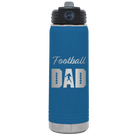 Laser etched royal blue 20 oz vacuum insulated water bottle with 'Football Dad2' design