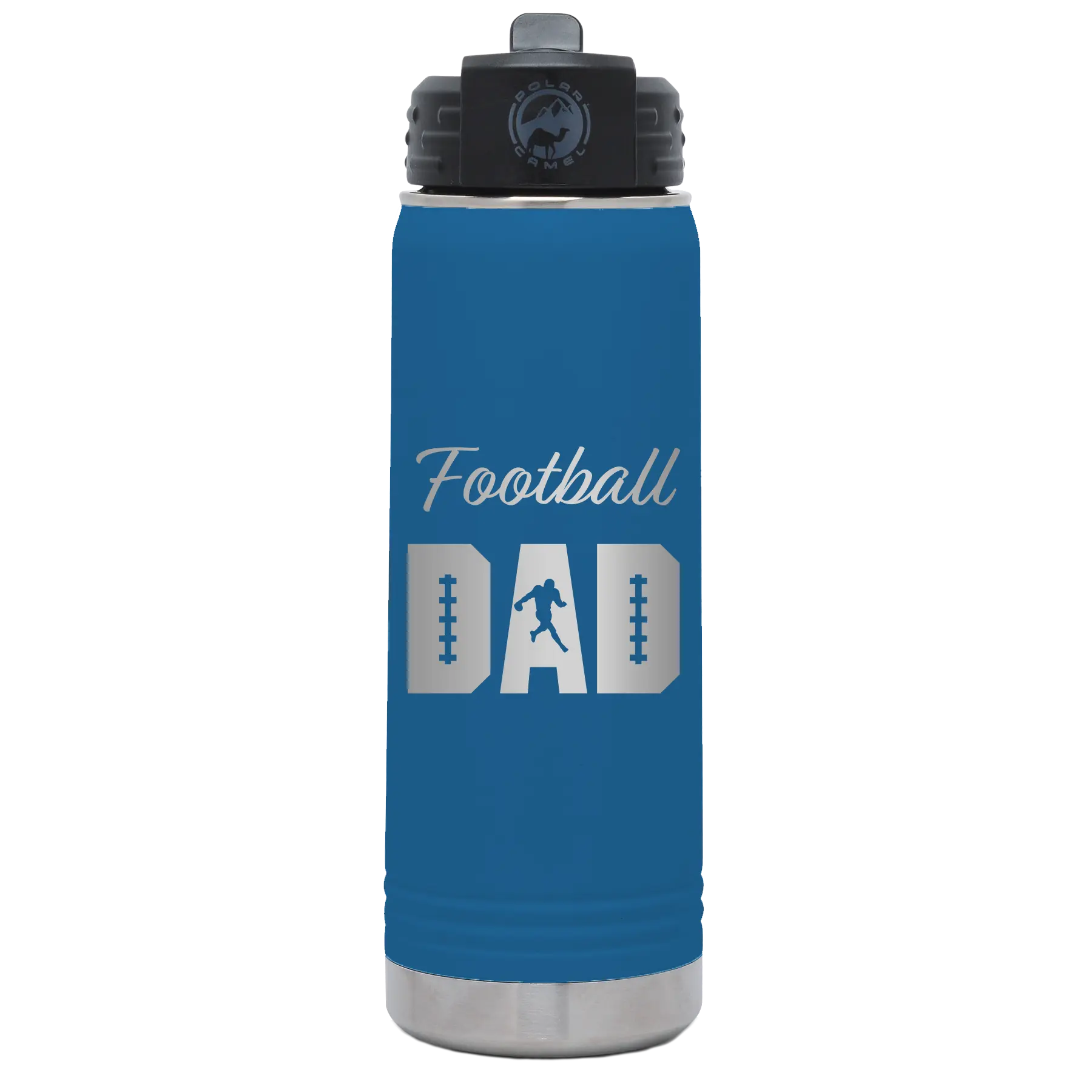 Laser etched royal blue 20 oz vacuum insulated water bottle with 'Football Dad2' design