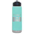 Laser etched teal 20 oz vacuum insulated water bottle with 'Football Dad2' design