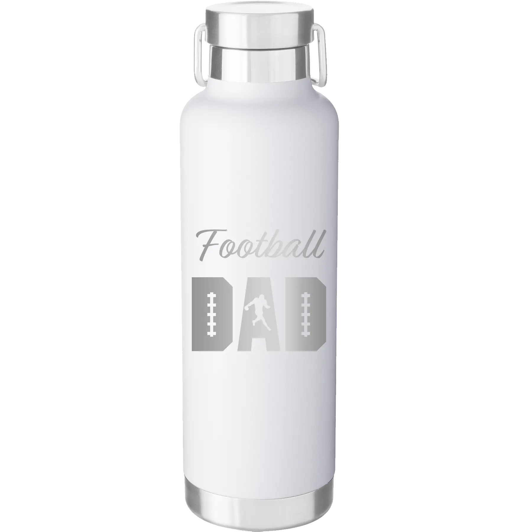 Laser etched white 24 oz vacuum insulated water bottle with 'Football Dad2' design