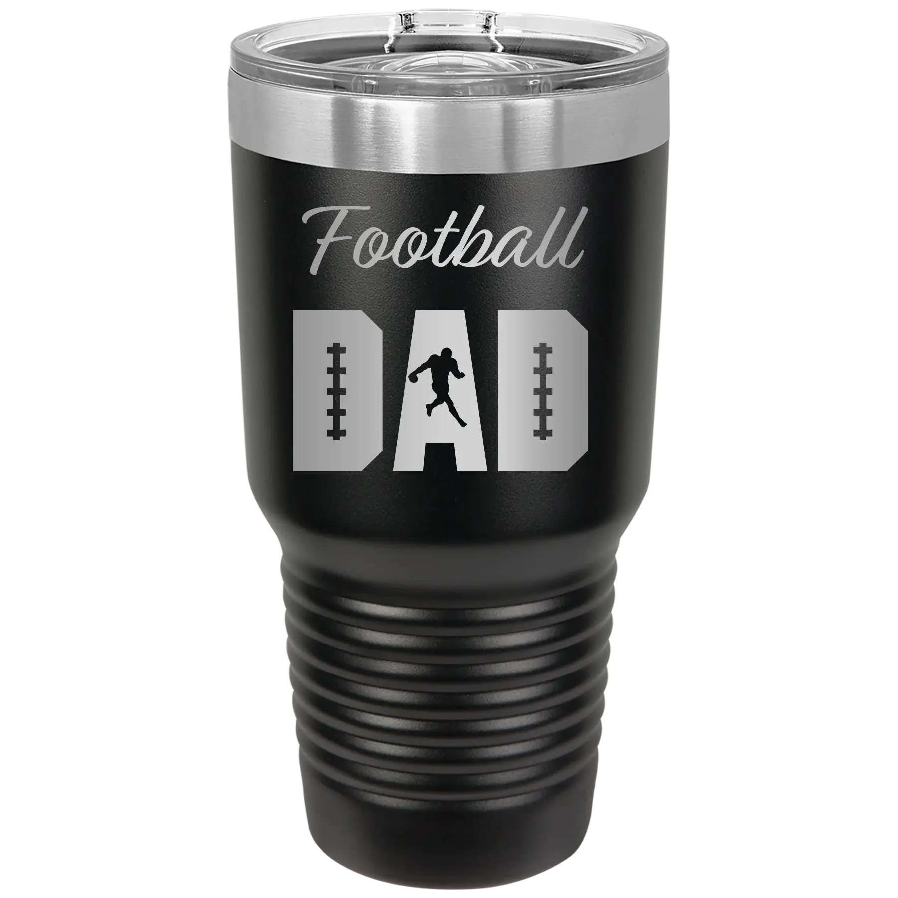 Laser etched black 30 oz vacuum insulated tumbler with 'Football Dad2' design