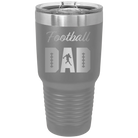 Laser etched dark gray 30 oz vacuum insulated tumbler with 'Football Dad2' design