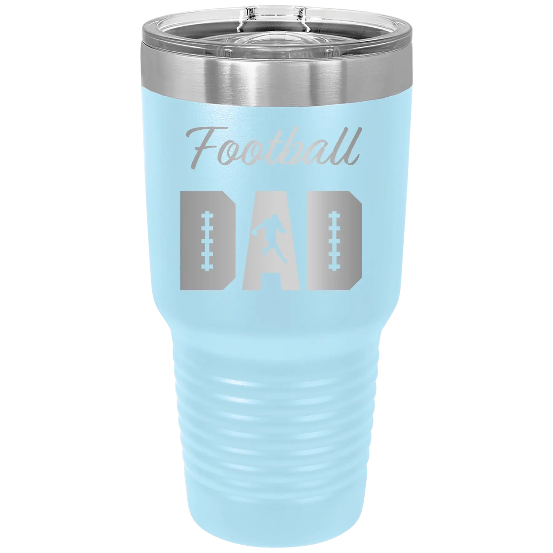 Laser etched light blue 30 oz vacuum insulated tumbler with 'Football Dad2' design