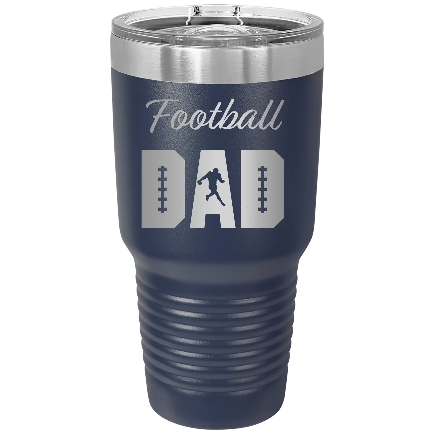 Laser etched navy 30 oz vacuum insulated tumbler with 'Football Dad2' design