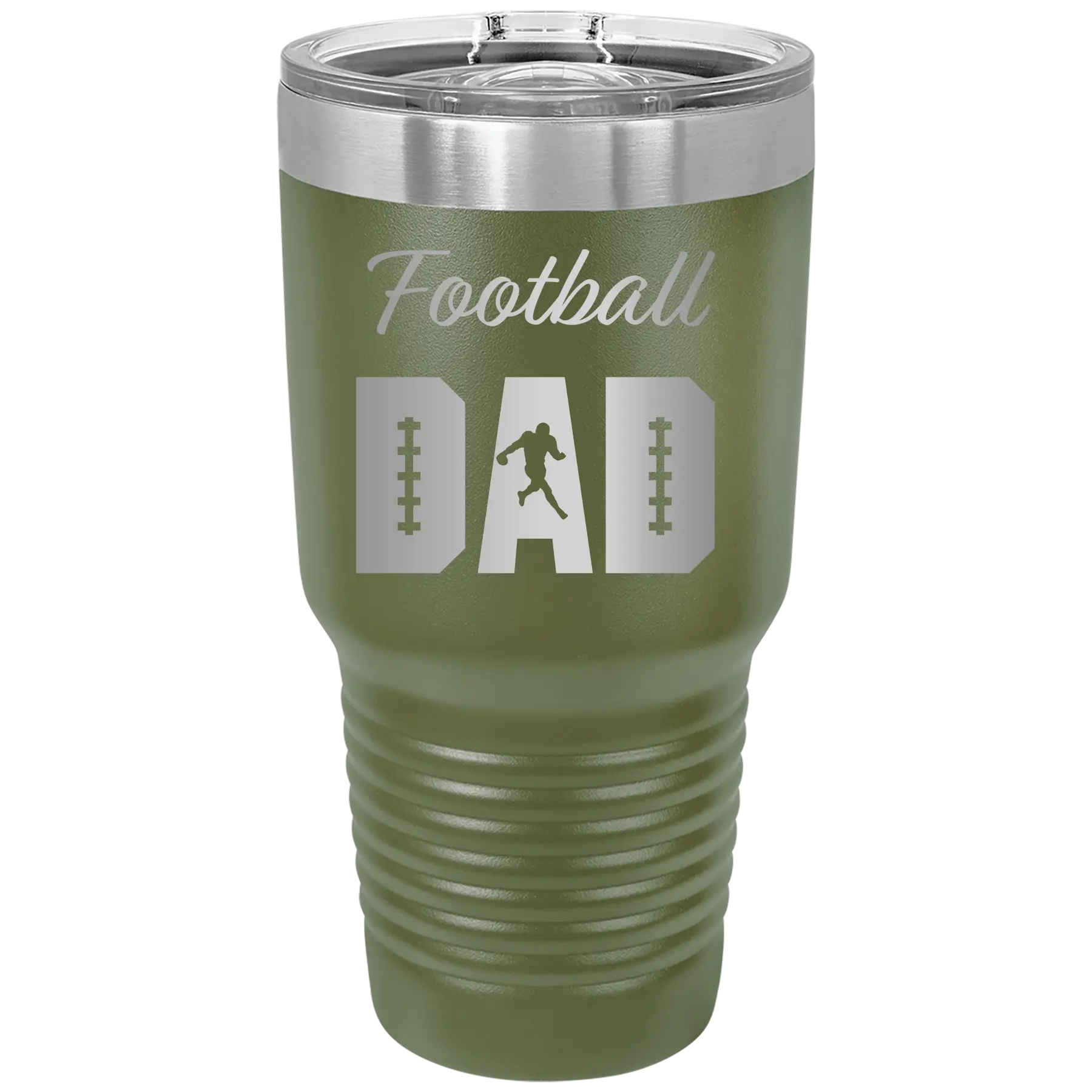 Laser etched olive green 30 oz vacuum insulated tumbler with 'Football Dad2' design